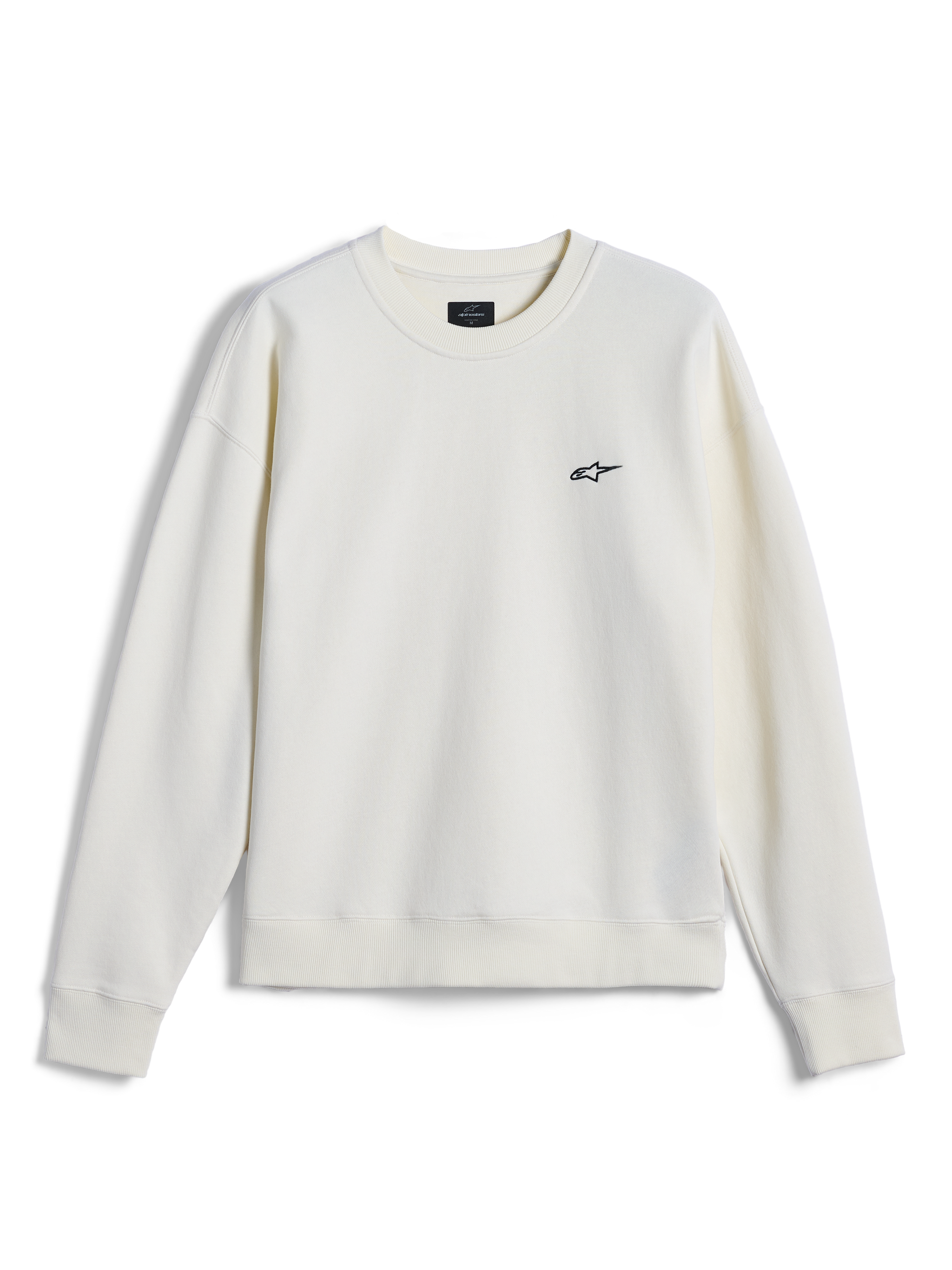 Alpinestars Essentials Ageless Crew, crewneck-tröja, Off White, liten svart Alpinestars-logotyp på bröstet, ribbad krage, muddar och fåll, avslappnad motorsportinspirerad streetwear