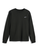 Alpinestars Essentials Ageless LS Tee, långärmad t-shirt, off-black, liten vit Alpinestars-logotyp på bröstet, rundhalsad, avslappnad passform, vardaglig livsstilsstreetwear
