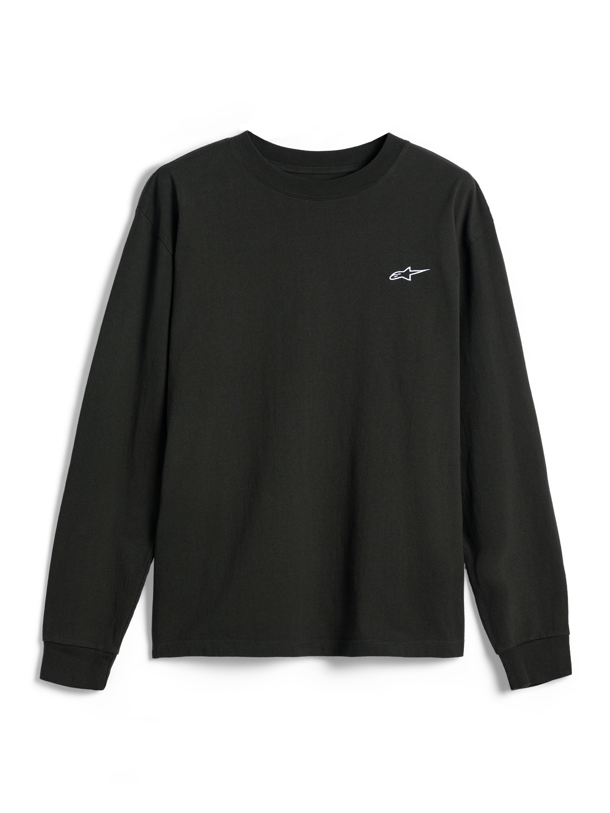 Alpinestars Essentials Ageless LS Tee, långärmad t-shirt, off-black, liten vit Alpinestars-logotyp på bröstet, rundhalsad, avslappnad passform, vardaglig livsstilsstreetwear