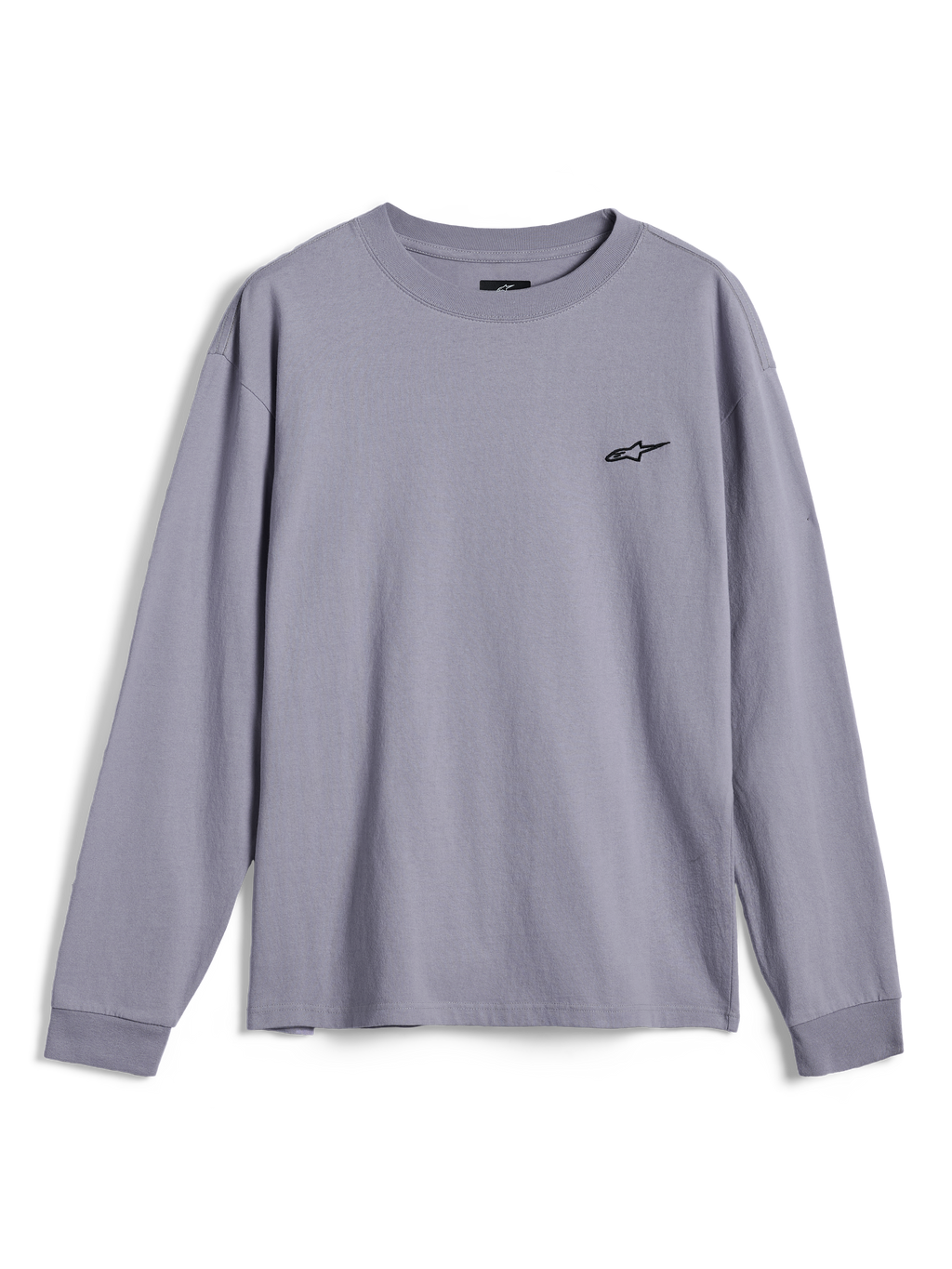 Alpinestars Essentials Ageless LS Tee, långärmad t-shirt, silver, med en liten svart Alpinestars-logotyp på bröstet, avslappnad passform, casual motorsport-streetwear