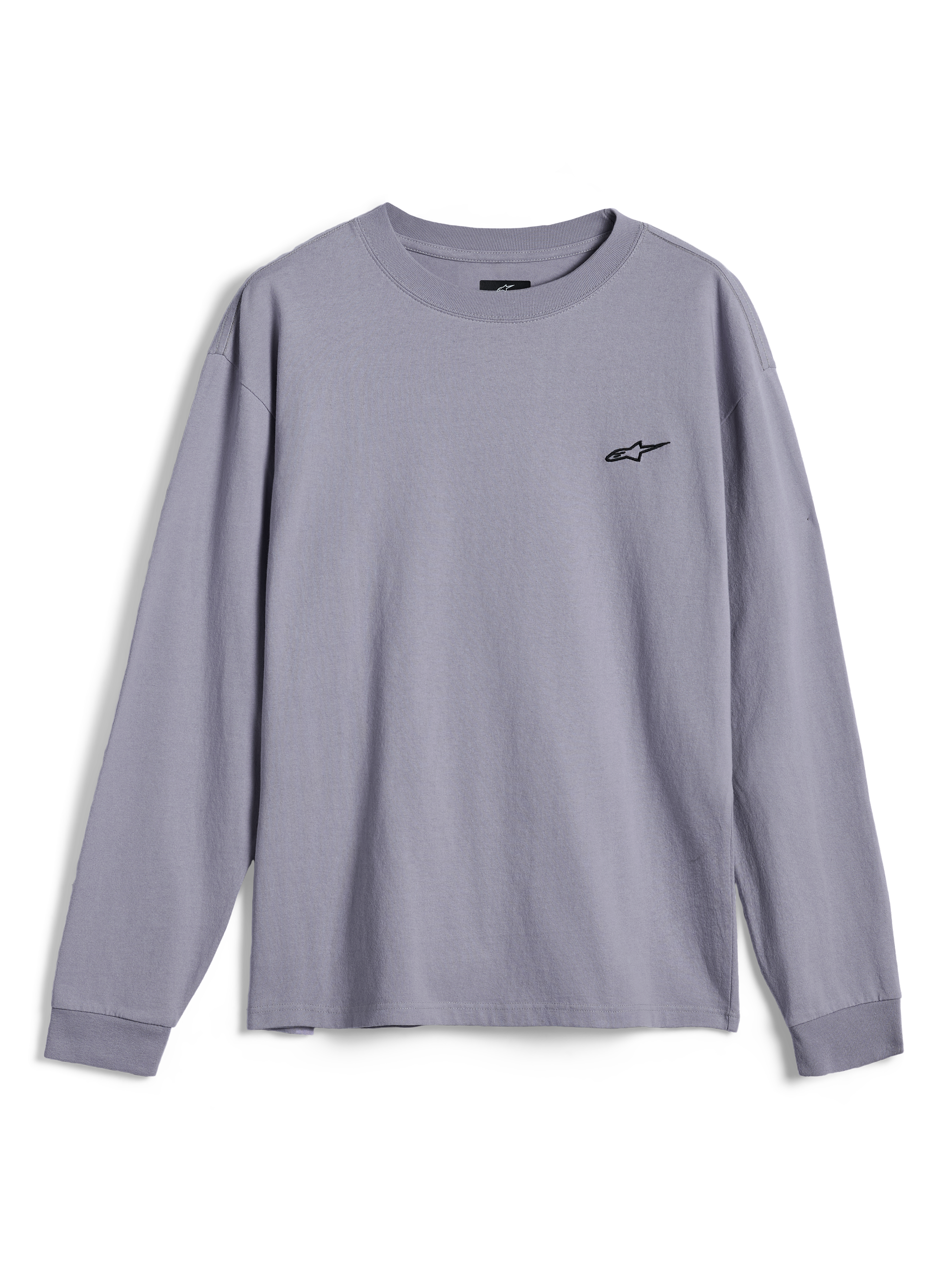 Alpinestars Essentials Ageless LS Tee, långärmad t-shirt, silver, med en liten svart Alpinestars-logotyp på bröstet, avslappnad passform, casual motorsport-streetwear