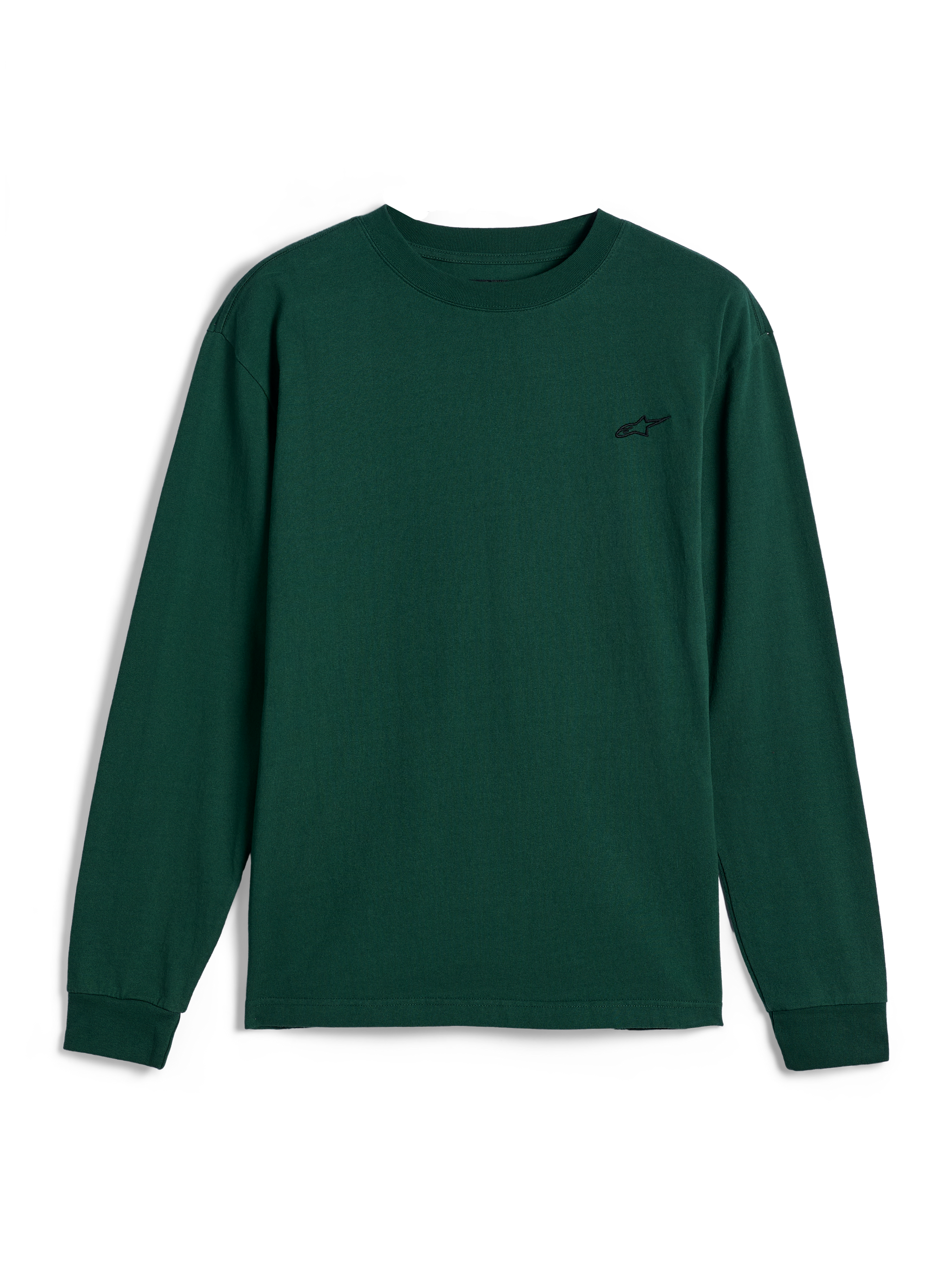 Alpinestars Essentials Ageless LS Tee, långärmad t-shirt, tallgrön, liten svart broderad logotyp på vänster bröst, avslappnad motorsport-streetwear