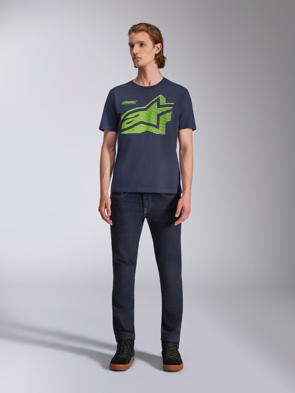 Alpinestars Fasting CSF Tee, Short Sleeve T-Shirt, Navy Blue, Lime Green Geometric Astars Logo, Casual Motorsport Streetwear