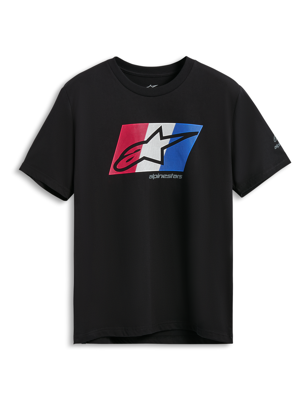 Alpinestars Global CSF Tee, kortärmad t-shirt, svart med röd, vit och blå Ageless Shadow-logotypgrafik, avslappnade sportkläder för motorsport