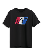 Alpinestars Global CSF Tee, kortärmad t-shirt, svart med röd, vit och blå Ageless Shadow-logotypgrafik, avslappnade sportkläder för motorsport
