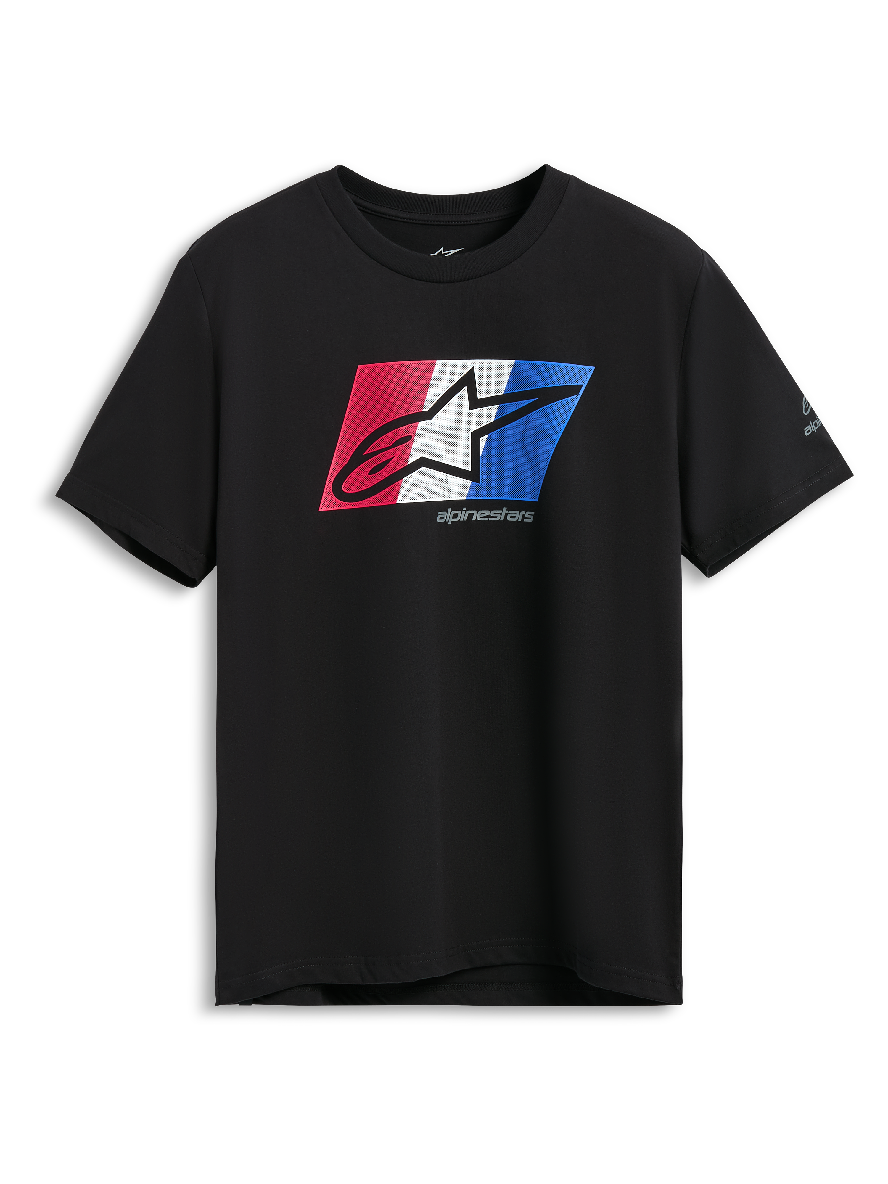 Alpinestars Global CSF Tee, kortärmad t-shirt, svart med röd, vit och blå Ageless Shadow-logotypgrafik, avslappnade sportkläder för motorsport