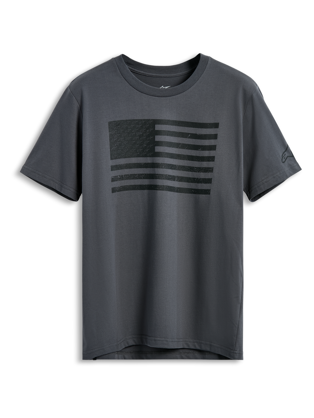 Alpinestars Waving CSF Tee, kortärmad t-shirt, mörkgrå, svart grafiskt tryck av en vajande flagga på framsidan, avslappnad motorsport-streetwear