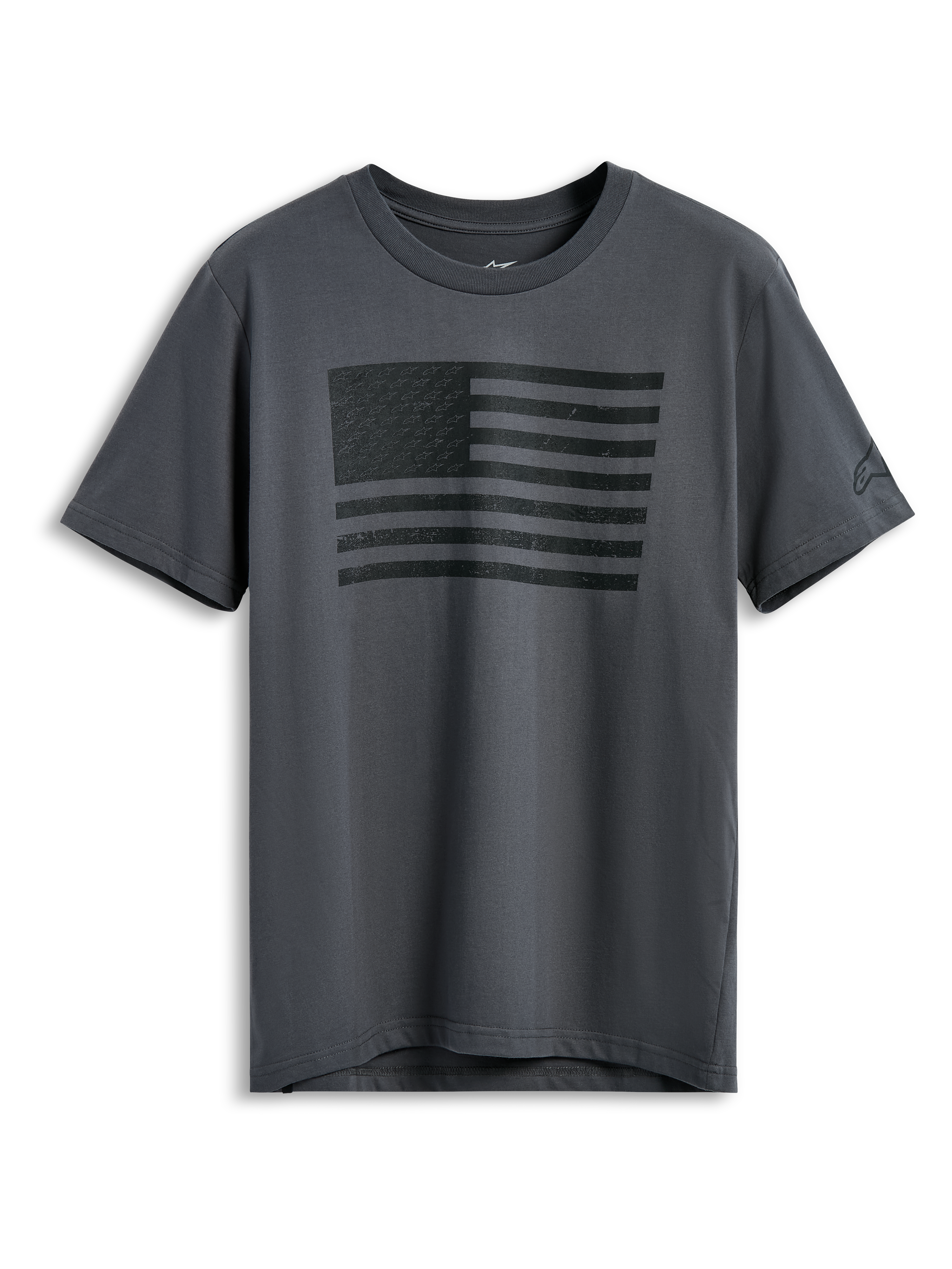 Alpinestars Waving CSF Tee, kortärmad t-shirt, mörkgrå, svart grafiskt tryck av en vajande flagga på framsidan, avslappnad motorsport-streetwear