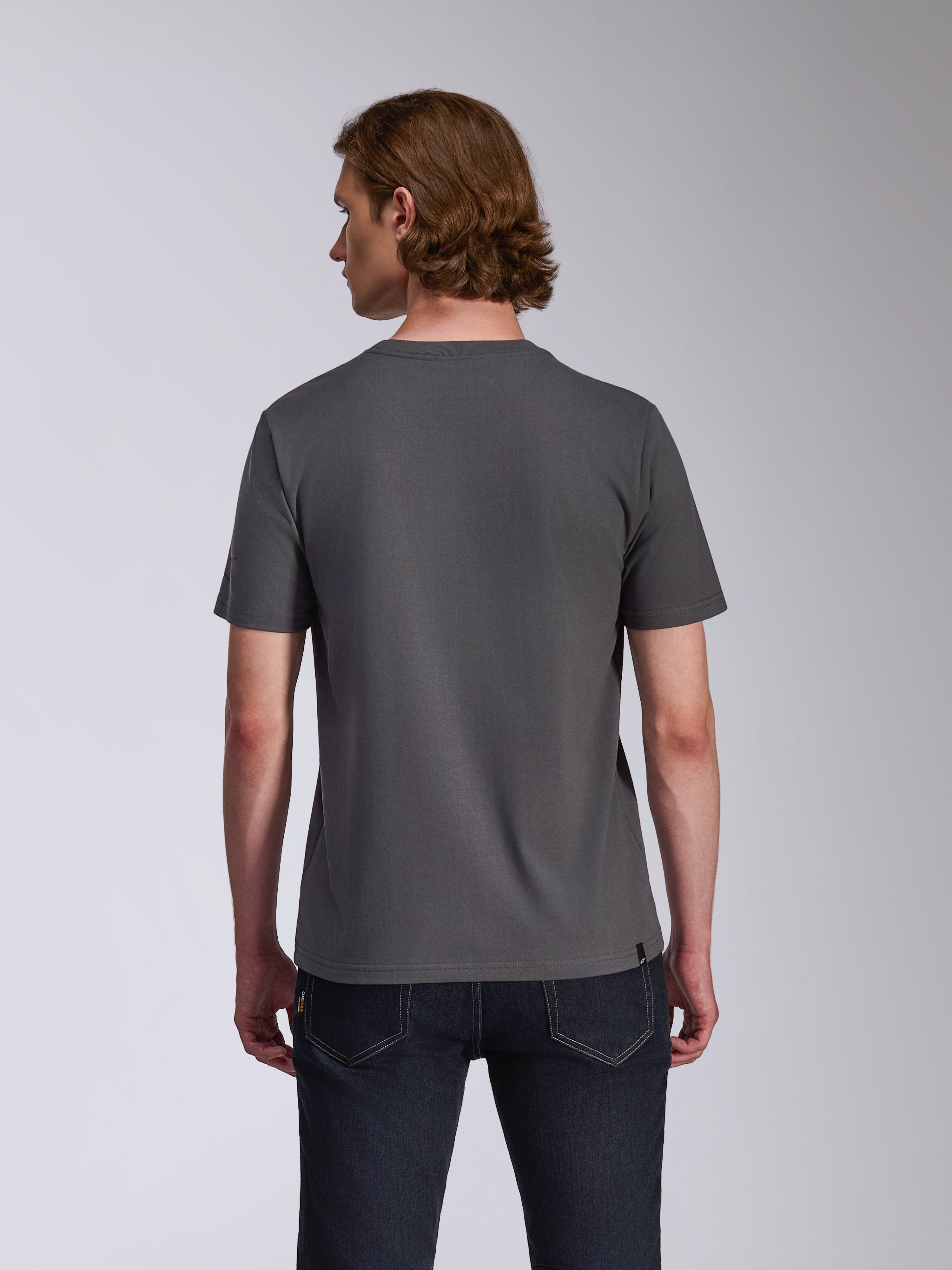 Alpinestars Waving CSF Tee, kortärmad t-shirt, mörkgrå, vy bakifrån, bärs av modell med mörka jeans, vardagliga motorsport-lifestylekläder