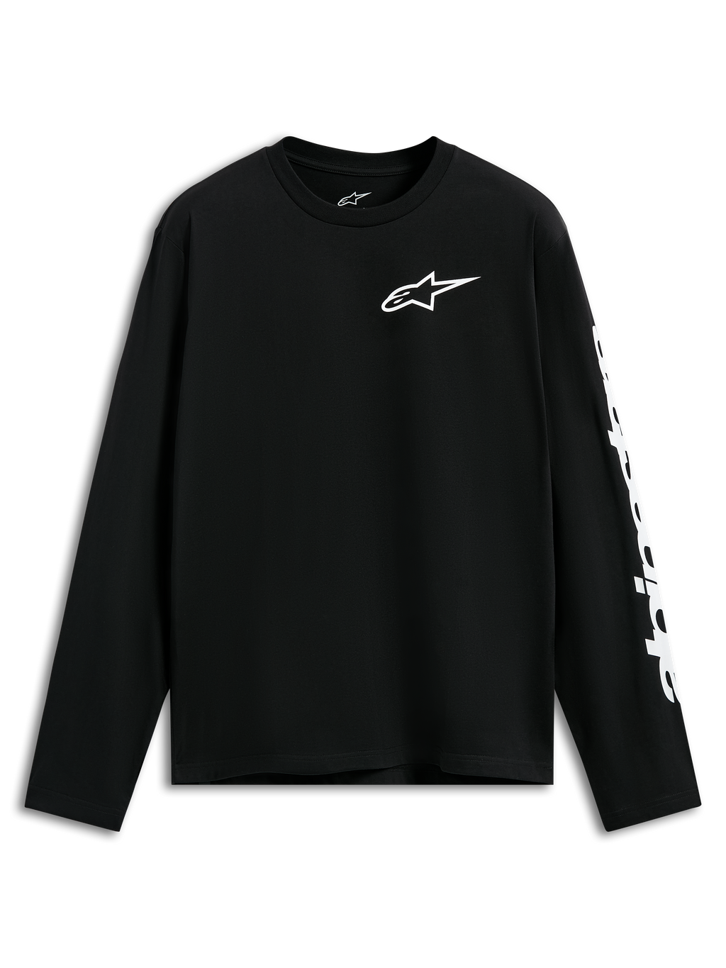 Alpinestars Trackside CSF Tee, långärmad t-shirt, svart, vit Alpinestars-logotyp på bröstet och grafik på ärmen, avslappnad motorsportinspirerad streetwear
