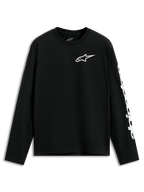 Alpinestars Trackside CSF Tee, långärmad t-shirt, svart, vit Alpinestars-logotyp på bröstet och grafik på ärmen, avslappnad motorsportinspirerad streetwear