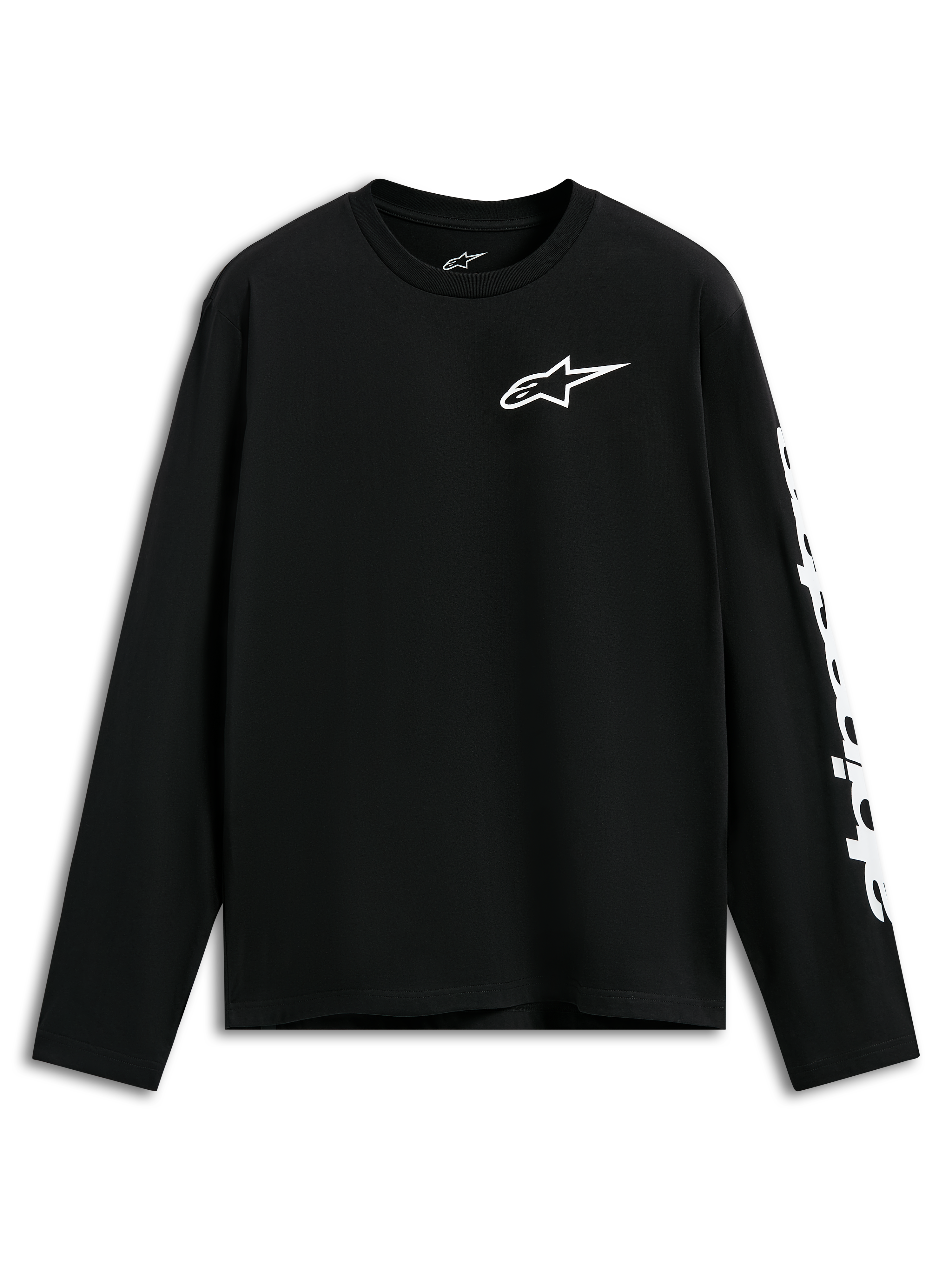 Alpinestars Trackside CSF Tee, långärmad t-shirt, svart, vit Alpinestars-logotyp på bröstet och grafik på ärmen, avslappnad motorsportinspirerad streetwear