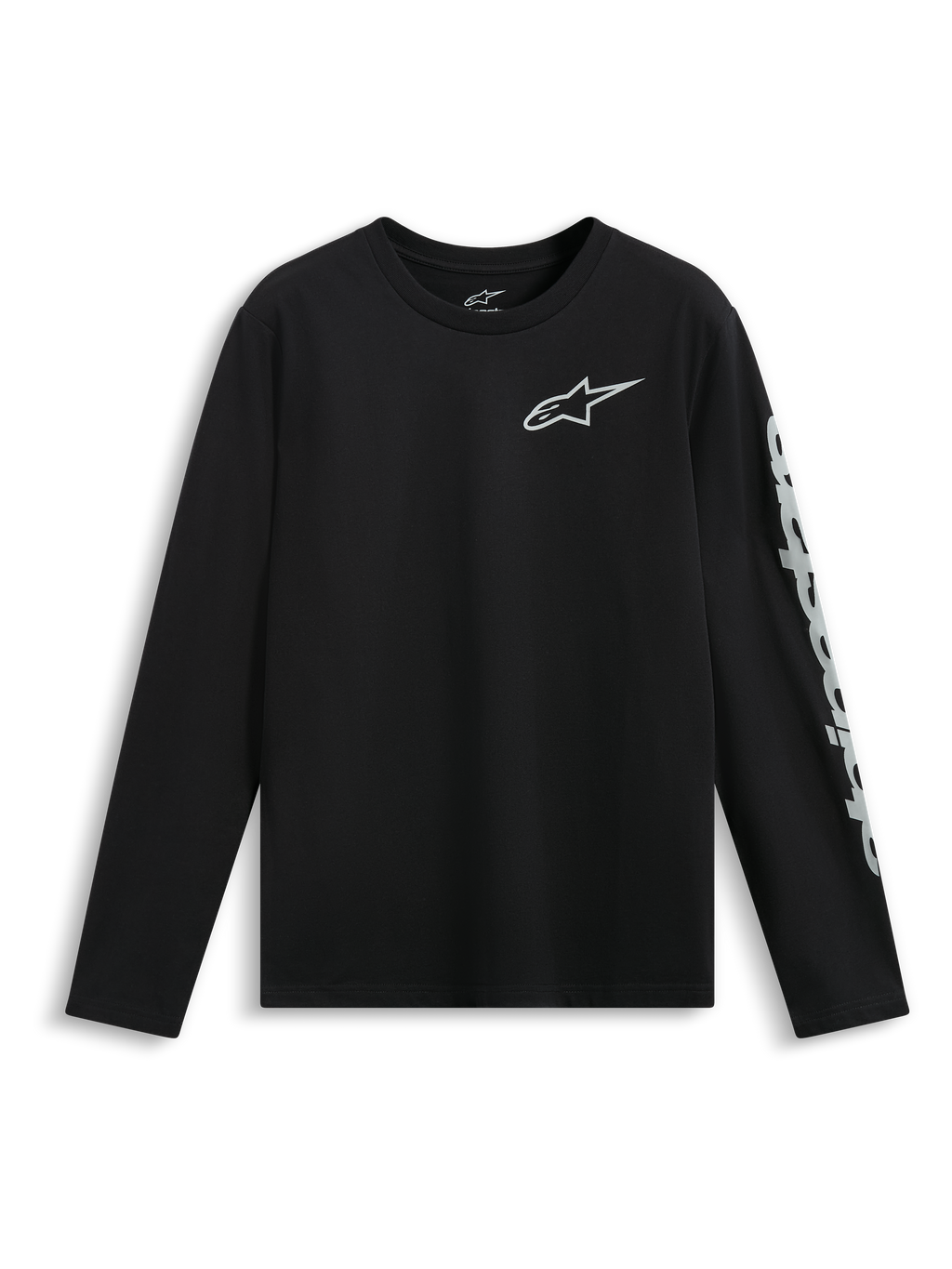 Alpinestars Trackside CSF T-shirt, långärmad tröja, svart, vit Astars-logotyp på bröstet och stor märkning på ärmen, avslappnade motorsportkläder