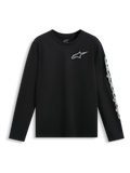 Alpinestars Trackside CSF T-shirt, långärmad tröja, svart, vit Astars-logotyp på bröstet och stor märkning på ärmen, avslappnade motorsportkläder