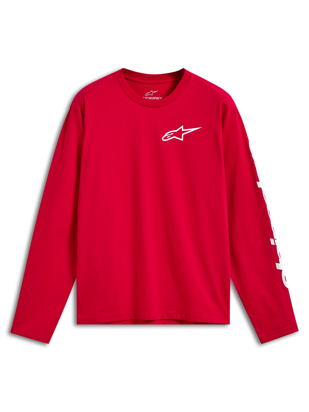 Alpinestars Trackside CSF Tee, långärmad t-shirt, röd med vit Ride 4.0-logotyp på bröstet och vit märkning på ärmen, avslappnade motorsportkläder