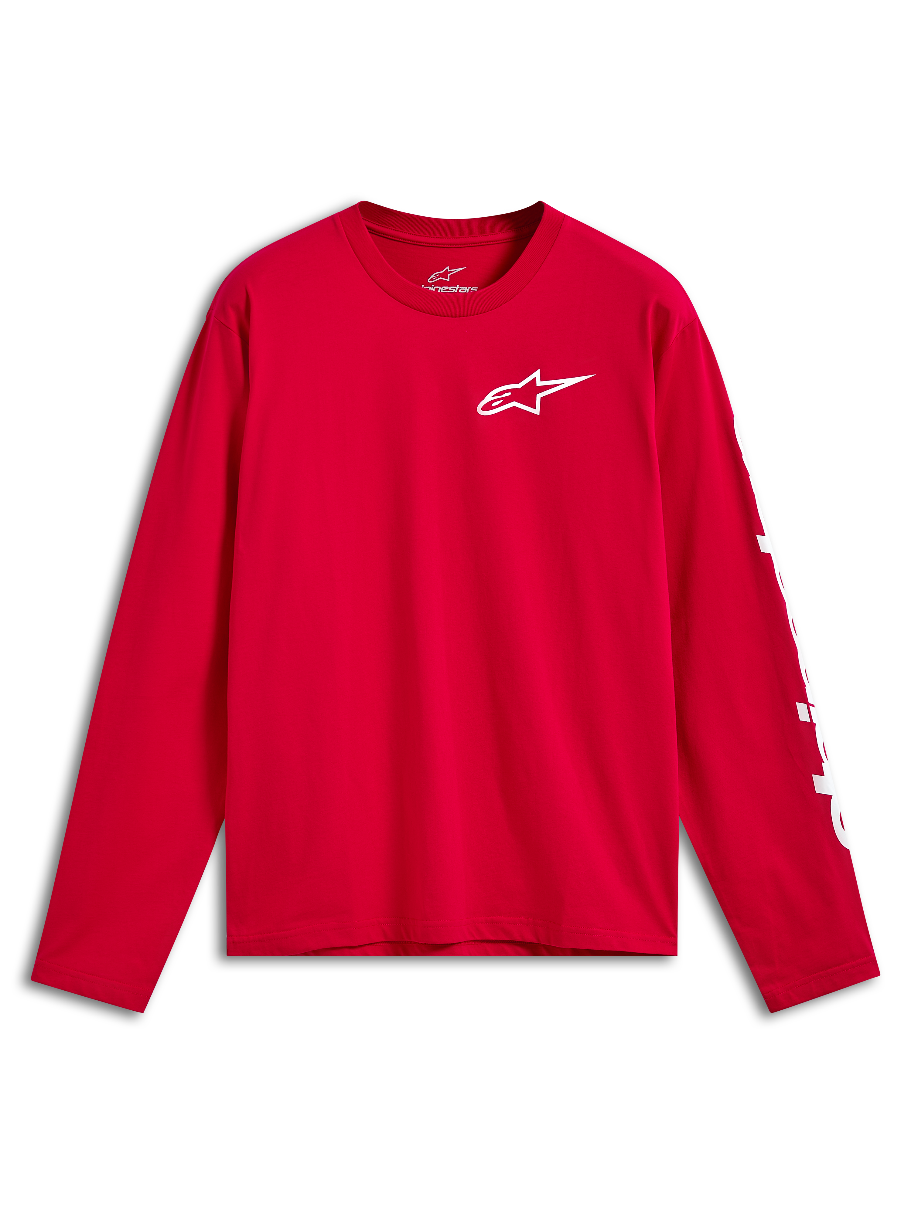 Alpinestars Trackside CSF Tee, långärmad t-shirt, röd med vit Ride 4.0-logotyp på bröstet och vit märkning på ärmen, avslappnade motorsportkläder