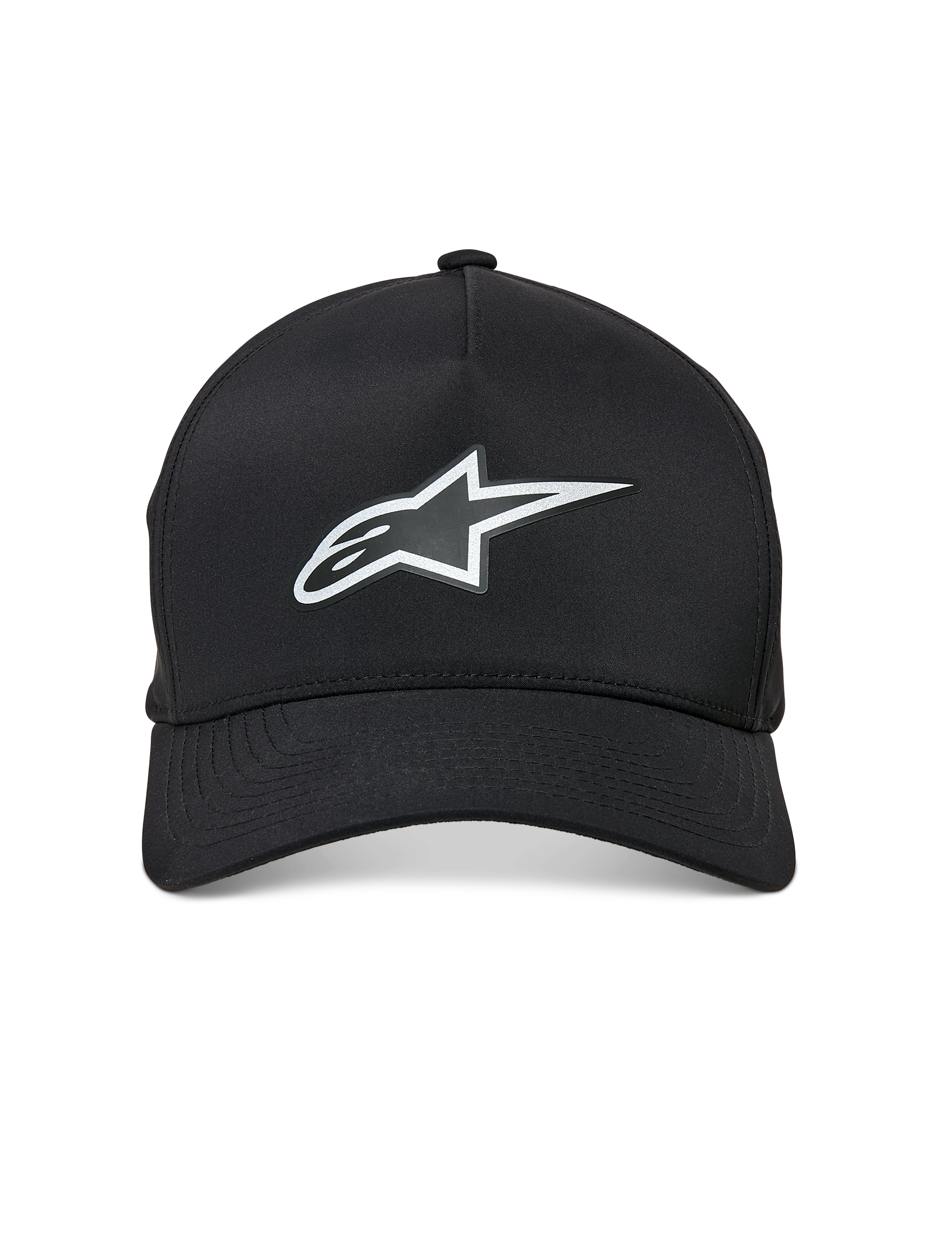Alpinestars Ageless Reflex Waterproof Hat, Curved Bill Baseball Cap, Black, featuring a reflective silver Astars logo on the front, structured crown and technical waterproof fabric, front view