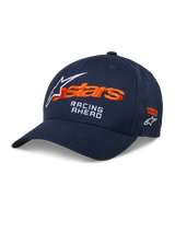 Alpinestars Entitled Hat, Navy Blue Curved Bill Baseball Cap, featuring orange and white embroidered logos with 'RACING AHEAD' text, casual motorsport-inspired design