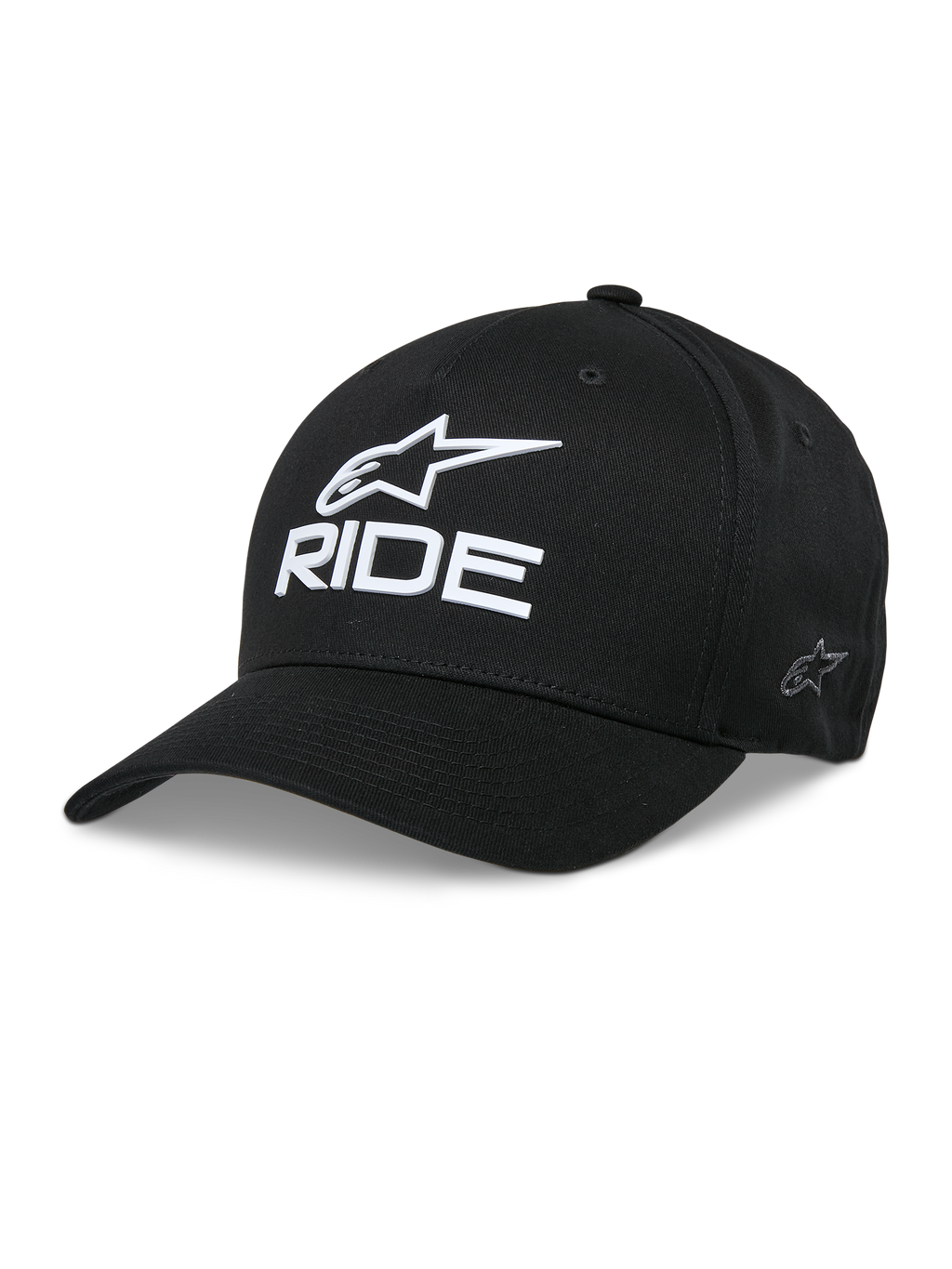 Alpinestars Ride Sonic Hat, svart baseballkeps med vit 3D-broderad stjärnlogotyp och RIDE-text, böjd skärm, strukturerad krona, casual motorsportstil