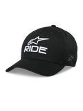 Alpinestars Ride Sonic Hat, svart baseballkeps med vit 3D-broderad stjärnlogotyp och RIDE-text, böjd skärm, strukturerad krona, casual motorsportstil