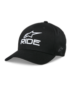 Alpinestars Ride Sonic Hat, svart baseballkeps med vit 3D-broderad stjärnlogotyp och RIDE-text, böjd skärm, strukturerad krona, casual motorsportstil