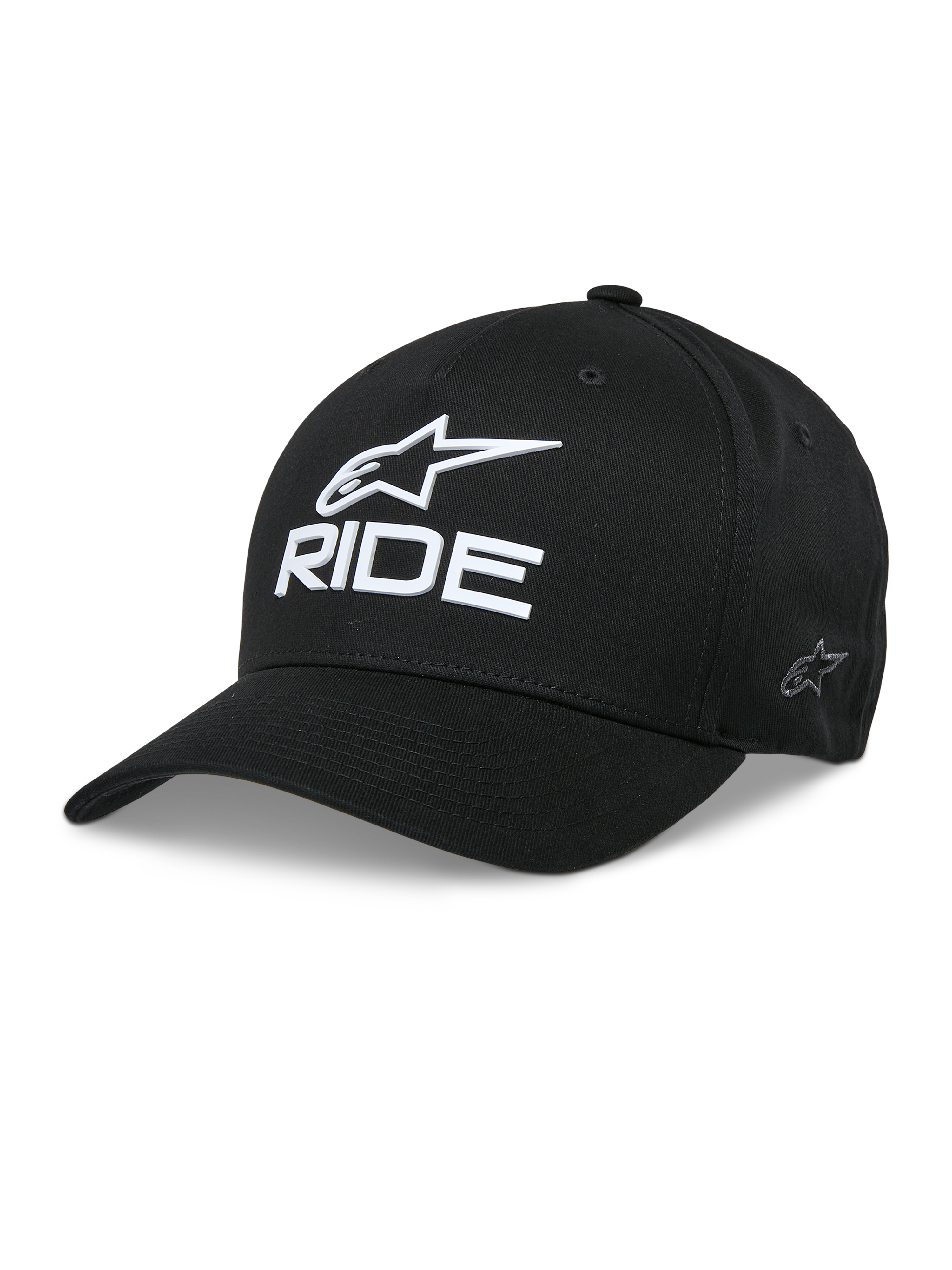 Alpinestars Ride Sonic Hat, svart baseballkeps med vit 3D-broderad stjärnlogotyp och RIDE-text, böjd skärm, strukturerad krona, casual motorsportstil