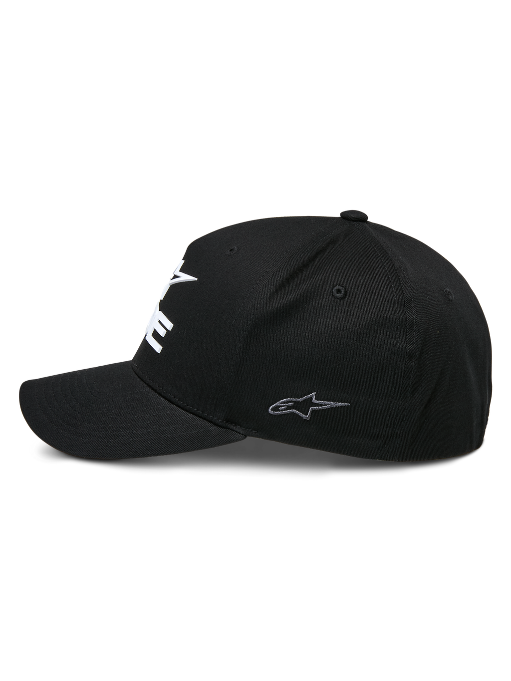 Alpinestars Ride Sonic keps, svart strukturerad baseballkeps, profilvy med böjd skärm och liten grå broderad stjärnlogotyp på sidopanelen, stretchigt twillmaterial, casual motorsport-huvudbonad