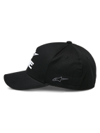 Alpinestars Ride Sonic keps, svart strukturerad baseballkeps, profilvy med böjd skärm och liten grå broderad stjärnlogotyp på sidopanelen, stretchigt twillmaterial, casual motorsport-huvudbonad