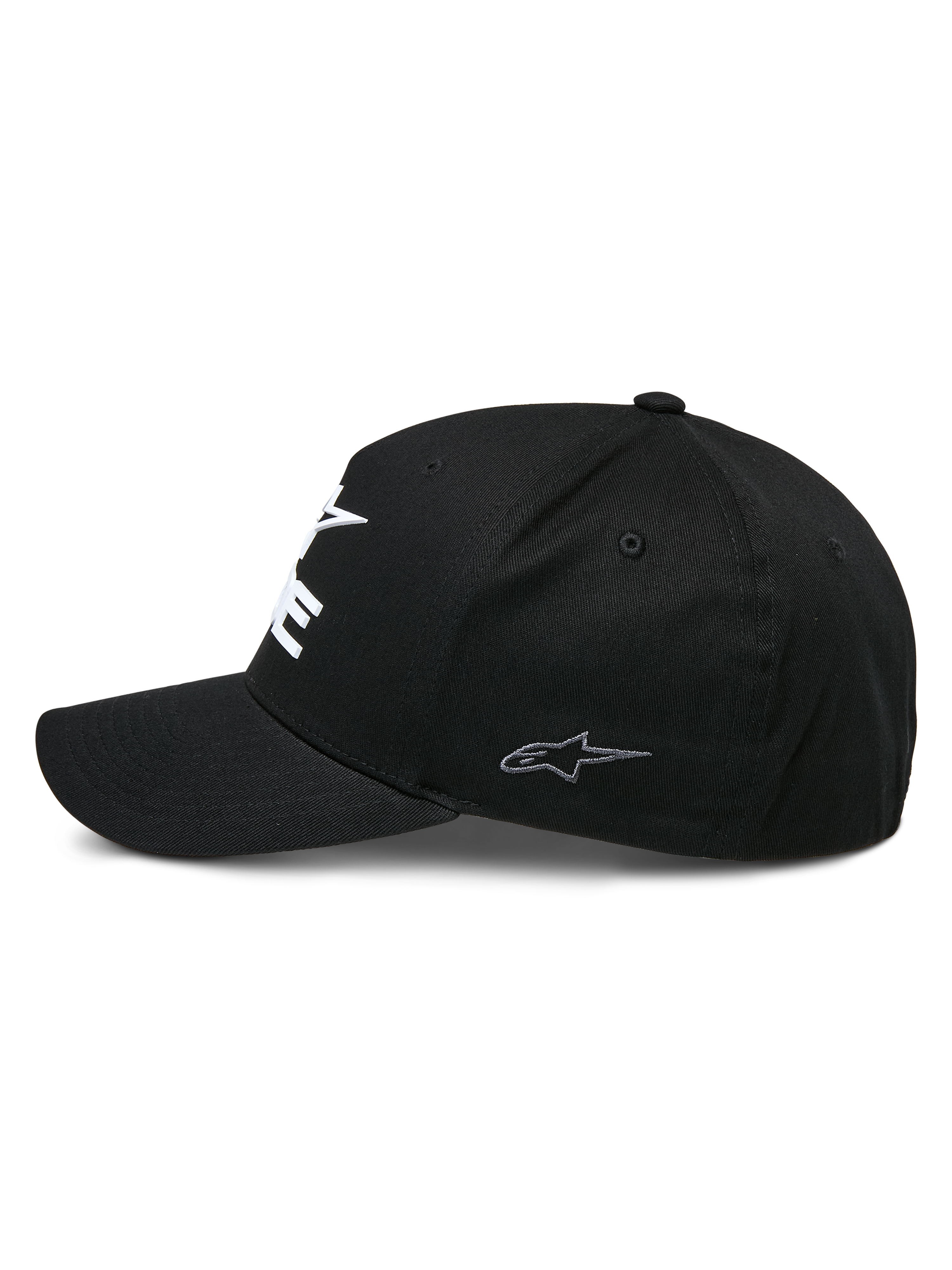 Alpinestars Ride Sonic keps, svart strukturerad baseballkeps, profilvy med böjd skärm och liten grå broderad stjärnlogotyp på sidopanelen, stretchigt twillmaterial, casual motorsport-huvudbonad