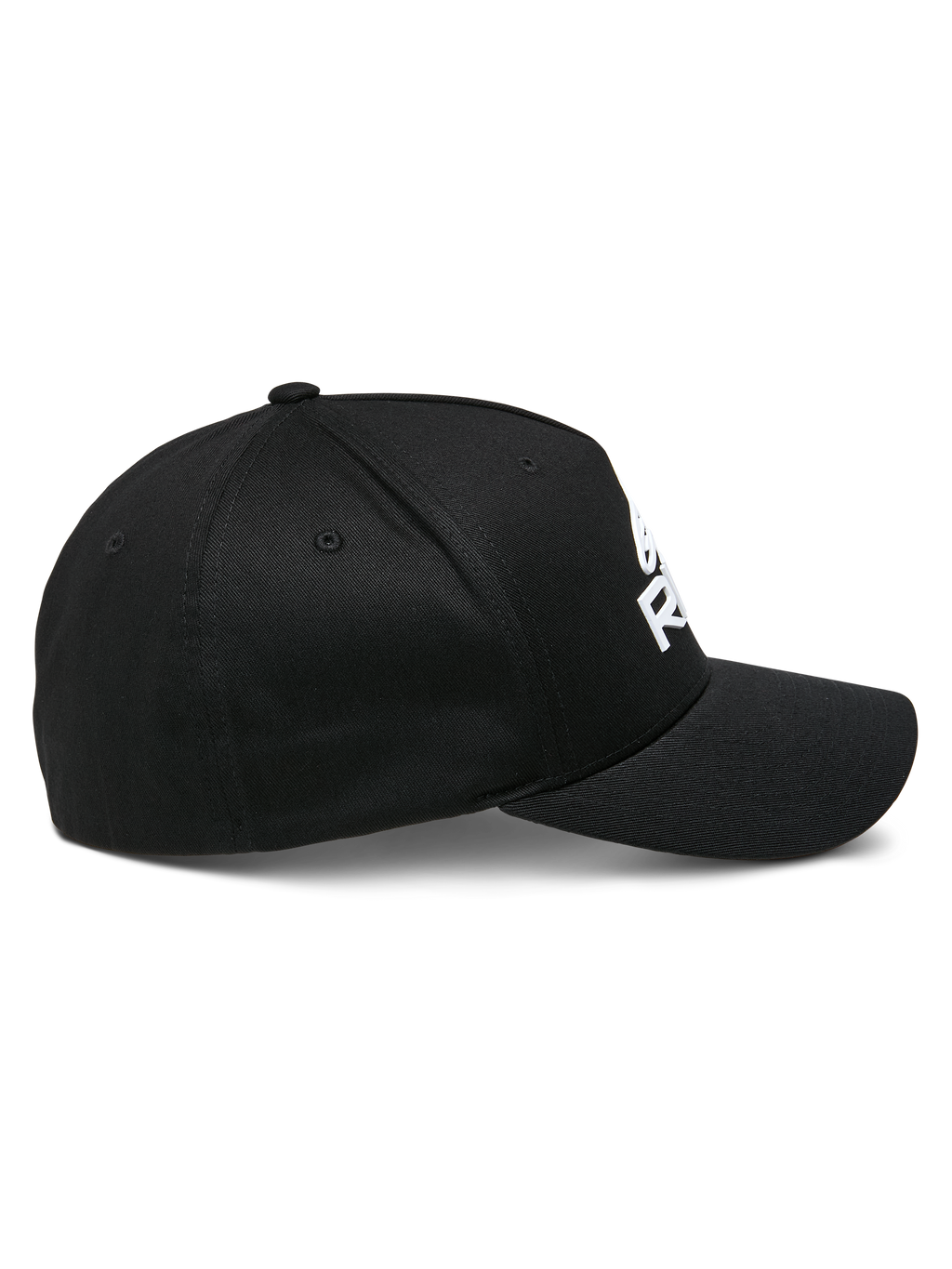 Alpinestars Ride Sonic keps, profilvy, svart med vit 3D-broderad logotyp, böjd skärm, strukturerad krona, stretchigt twillmaterial, casual motorsport-huvudbonad