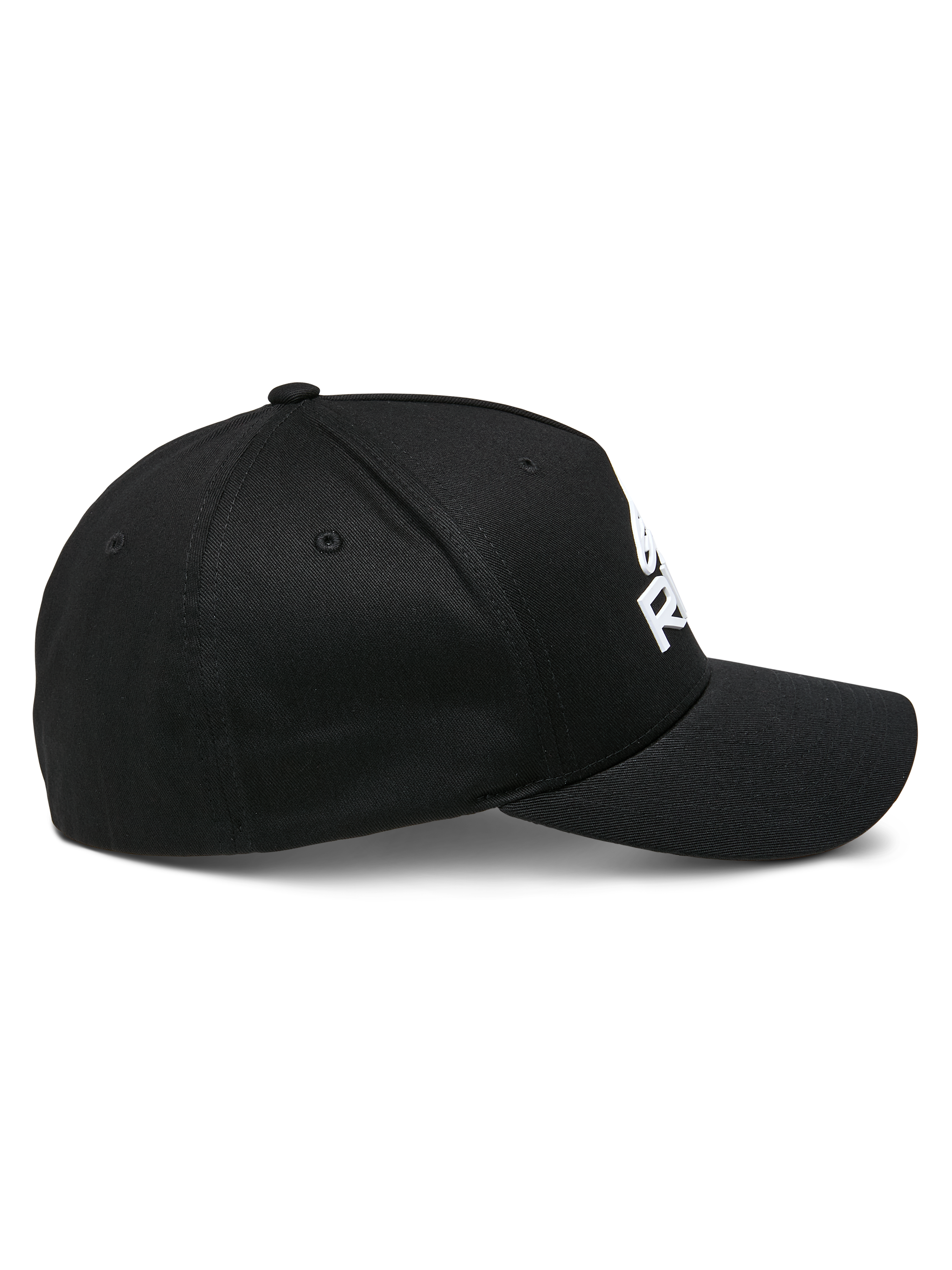 Alpinestars Ride Sonic keps, profilvy, svart med vit 3D-broderad logotyp, böjd skärm, strukturerad krona, stretchigt twillmaterial, casual motorsport-huvudbonad