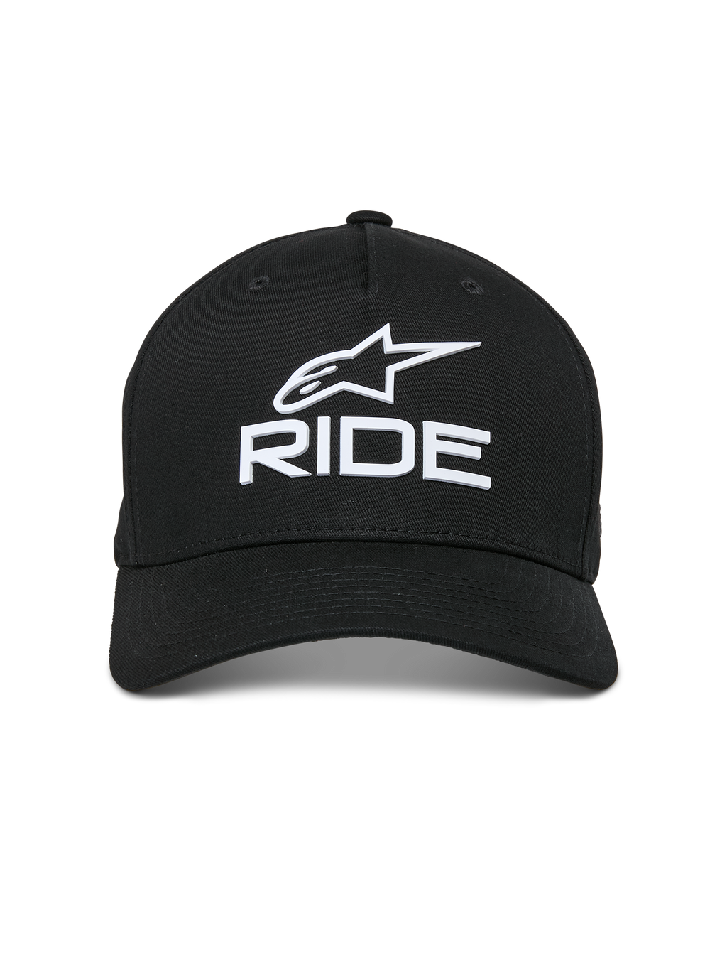 Alpinestars Ride Sonic keps, svart, har vit 3D-broderad logotyp med Alpinestars-stjärnan och 'RIDE'-text, böjd skärm, strukturerad krona, avslappnad motorsport-inspirerad streetwear