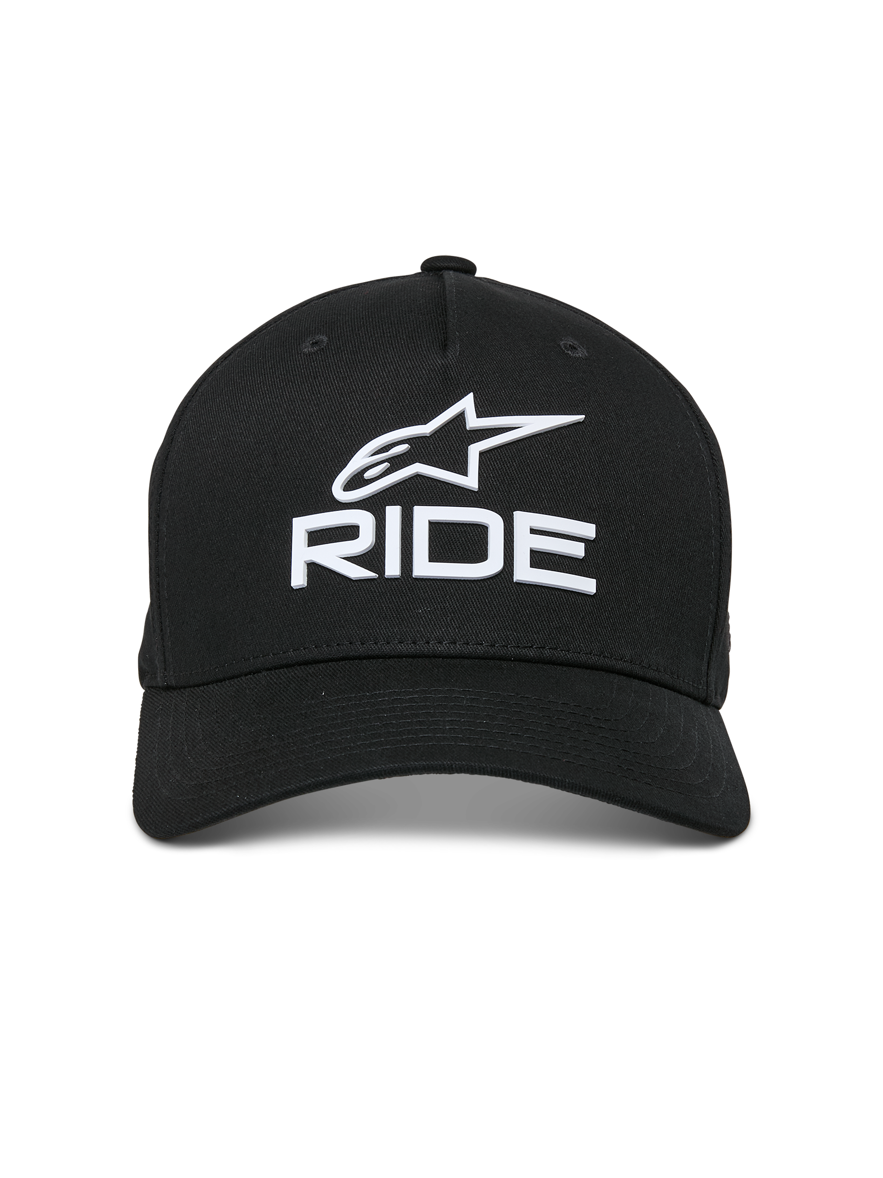 Alpinestars Ride Sonic keps, svart, har vit 3D-broderad logotyp med Alpinestars-stjärnan och 'RIDE'-text, böjd skärm, strukturerad krona, avslappnad motorsport-inspirerad streetwear