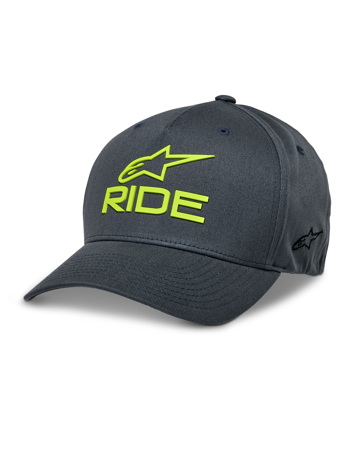 Alpinestars Ride Sonic Keps, mörkgrå och neongul basebollkeps, 3D-broderad RIDE- och stjärnlogotyp, böjd skärm, strukturerad krona, stretch-twill, vardaglig motorsport-keps