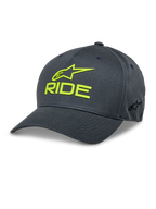 Alpinestars Ride Sonic Keps, mörkgrå och neongul basebollkeps, 3D-broderad RIDE- och stjärnlogotyp, böjd skärm, strukturerad krona, stretch-twill, vardaglig motorsport-keps