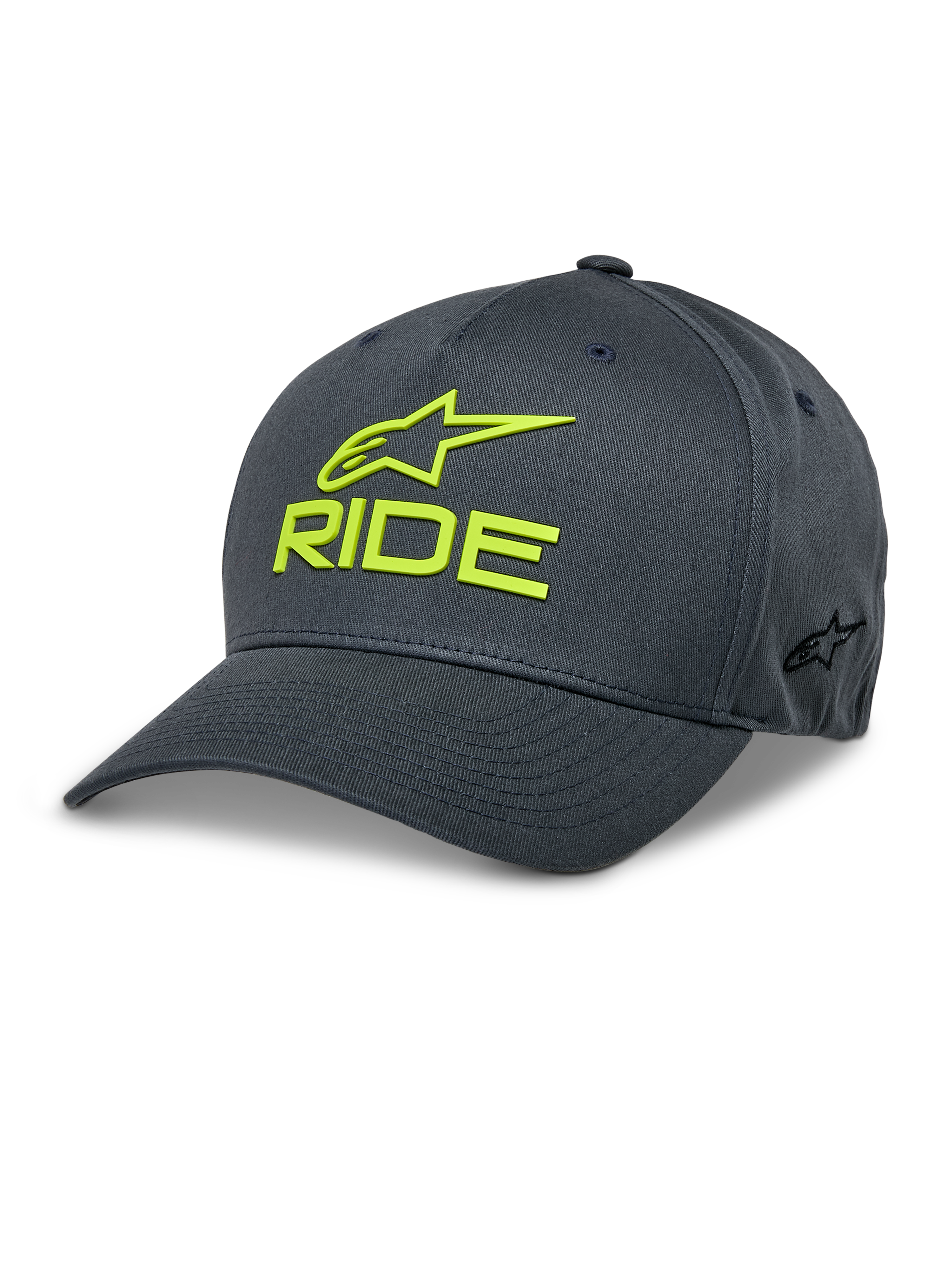 Alpinestars Ride Sonic Keps, mörkgrå och neongul basebollkeps, 3D-broderad RIDE- och stjärnlogotyp, böjd skärm, strukturerad krona, stretch-twill, vardaglig motorsport-keps