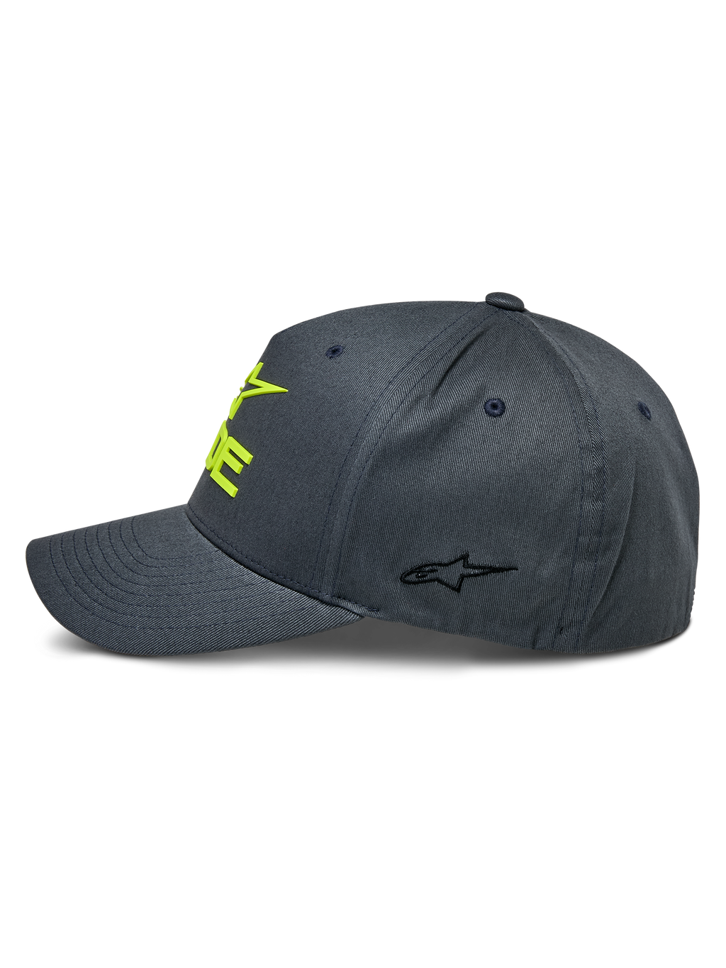 Alpinestars Ride Sonic keps, mörkgrå och neongul, sidoprofil som visar böjd skärm och strukturerad krona, 3D-broderad gul logotyp på framsidan och liten svart stjärnlogotyp på sidopanelen, avslappnad motorsporthuvudbonad