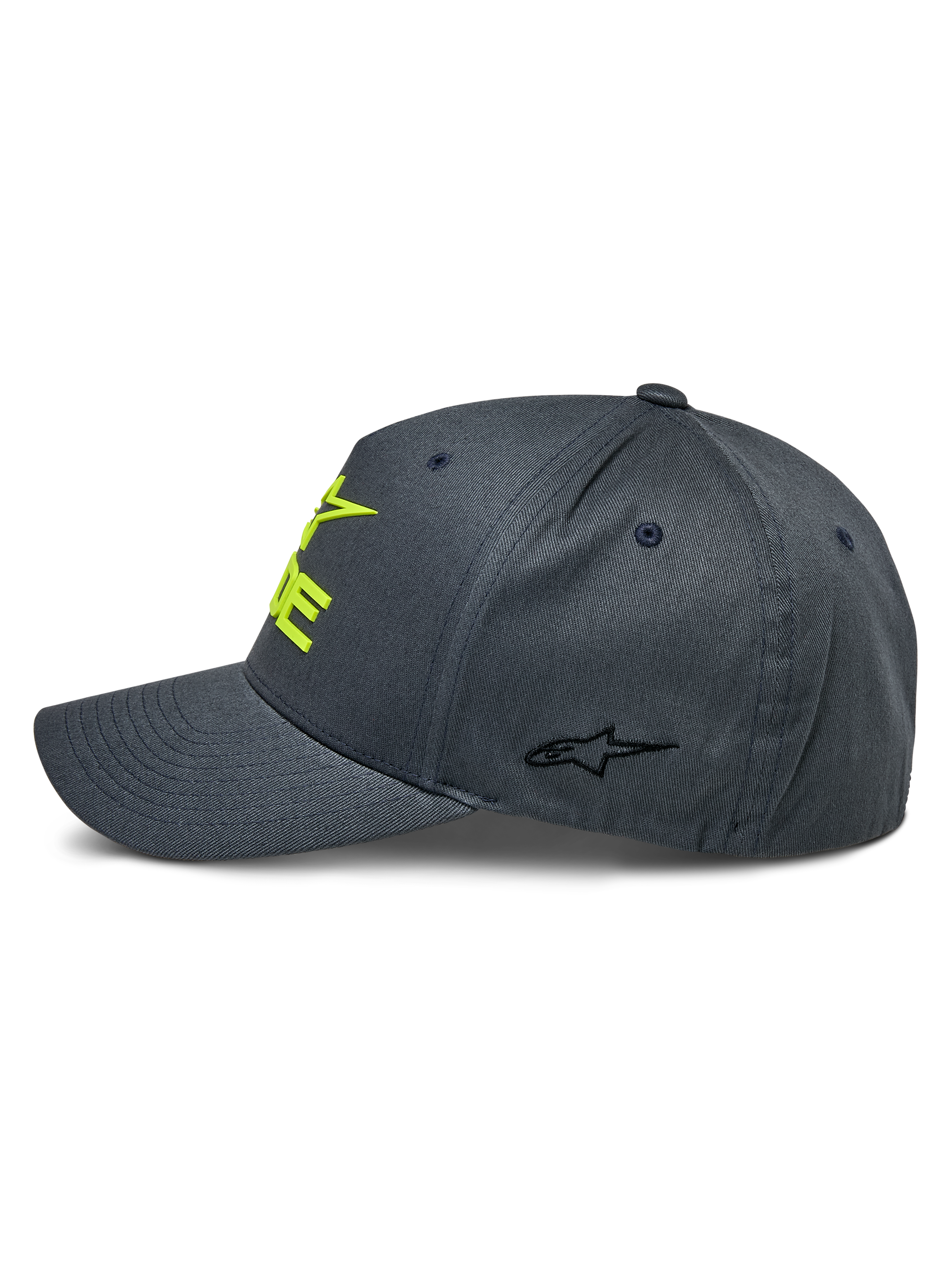 Alpinestars Ride Sonic keps, mörkgrå och neongul, sidoprofil som visar böjd skärm och strukturerad krona, 3D-broderad gul logotyp på framsidan och liten svart stjärnlogotyp på sidopanelen, avslappnad motorsporthuvudbonad