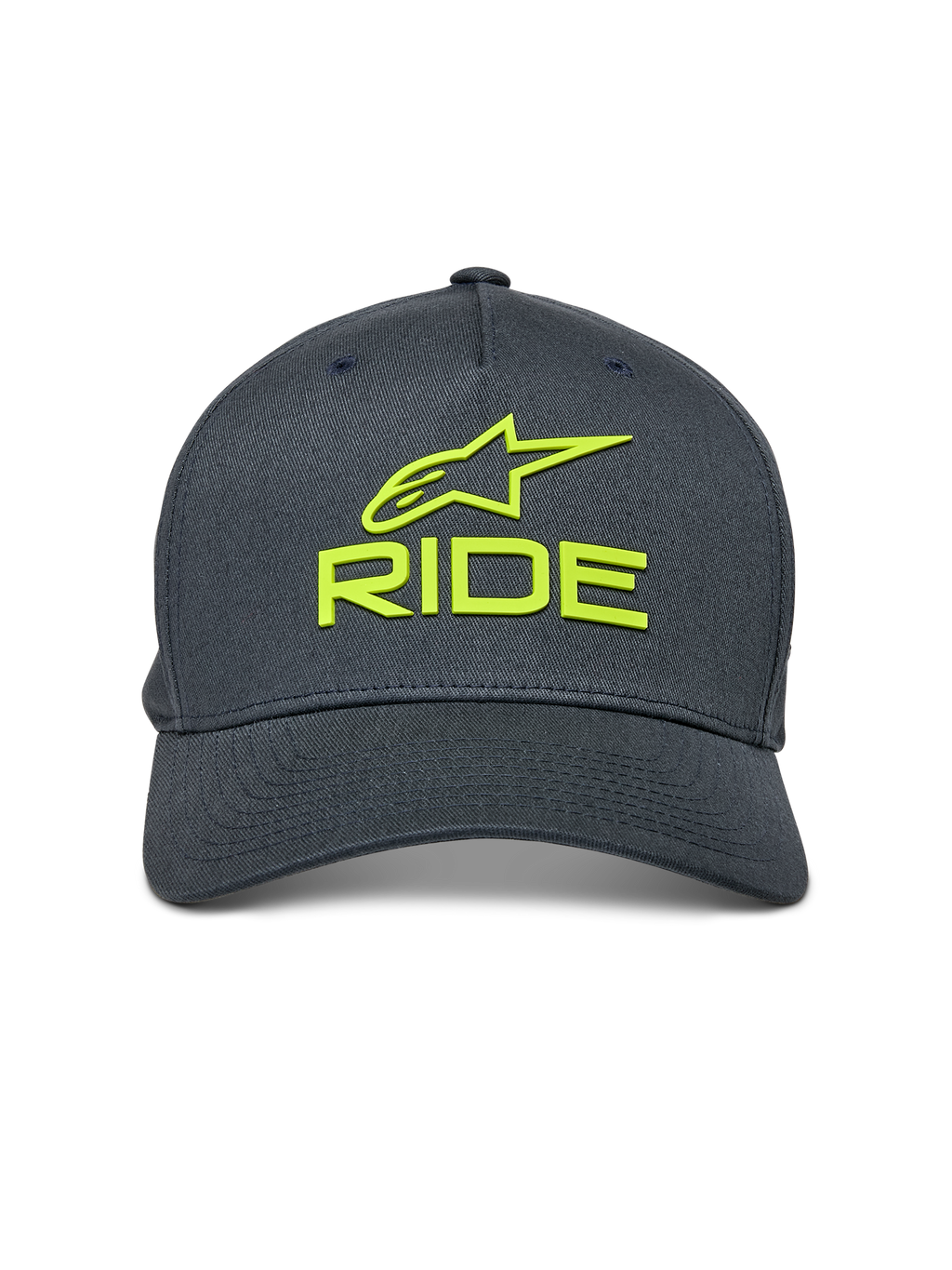 Alpinestars Ride Sonic keps, mörkgrå med neongula detaljer, 3D-broderad Alpinestars-logotyp och RIDE-text, böjd skärm, strukturerad krona, vardaglig motorsport-inspirerad huvudbonad
