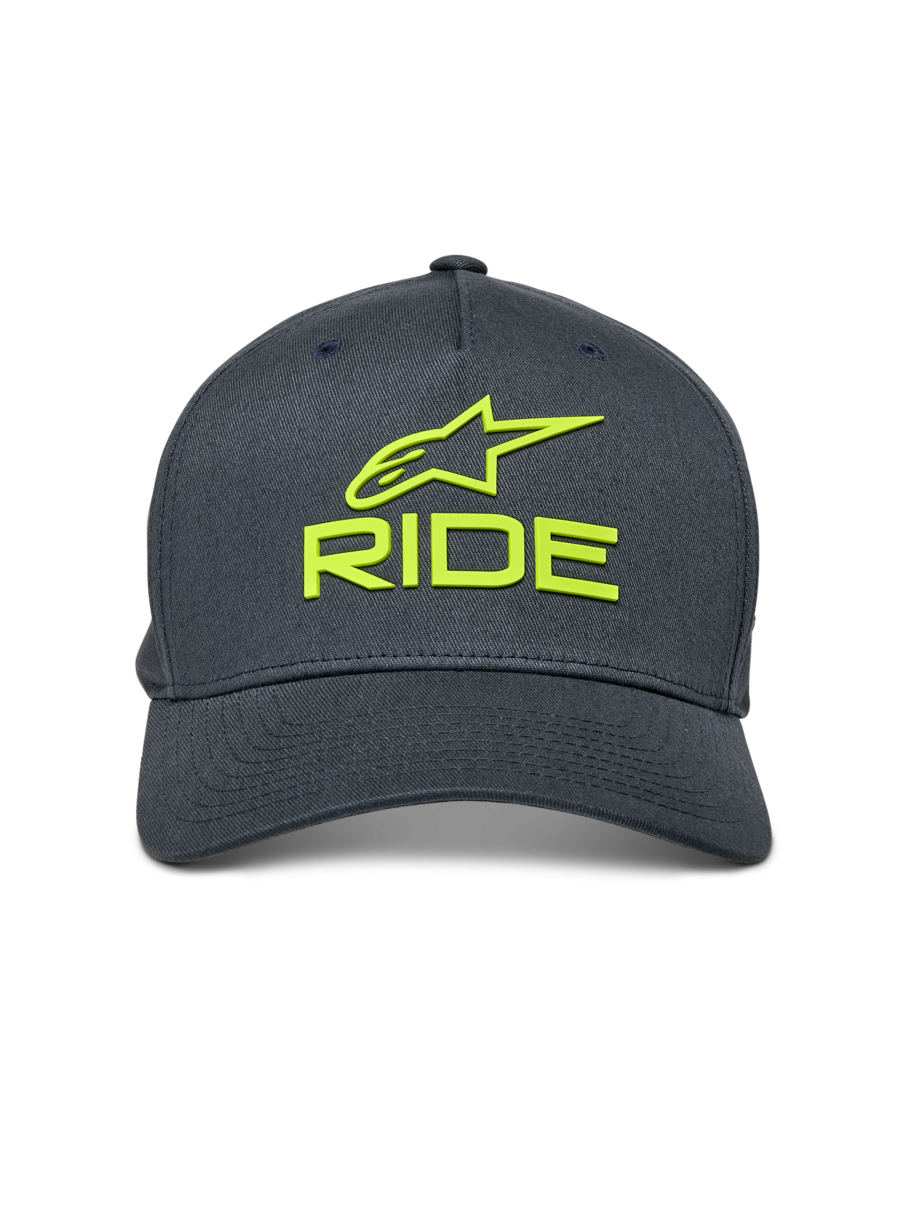 Alpinestars Ride Sonic keps, mörkgrå med neongula detaljer, 3D-broderad Alpinestars-logotyp och RIDE-text, böjd skärm, strukturerad krona, vardaglig motorsport-inspirerad huvudbonad