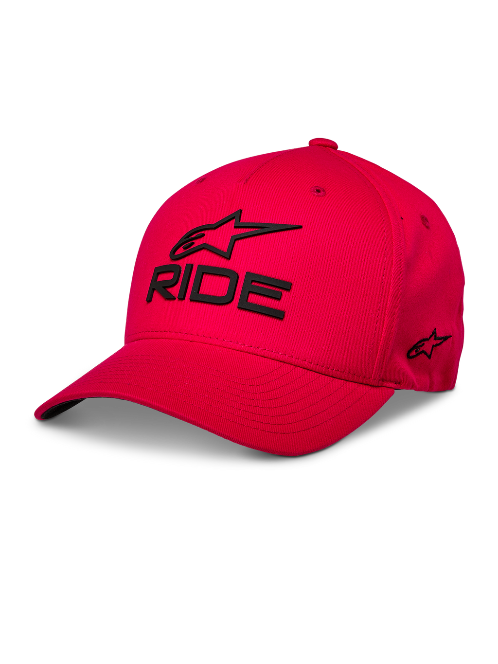 Alpinestars Ride Sonic Hat, röd basebollkeps, svart 3D-broderad 'RIDE'-text och Alpinestars-logotyp, böjd skärm, strukturerad krona, casual motorsport-streetwear