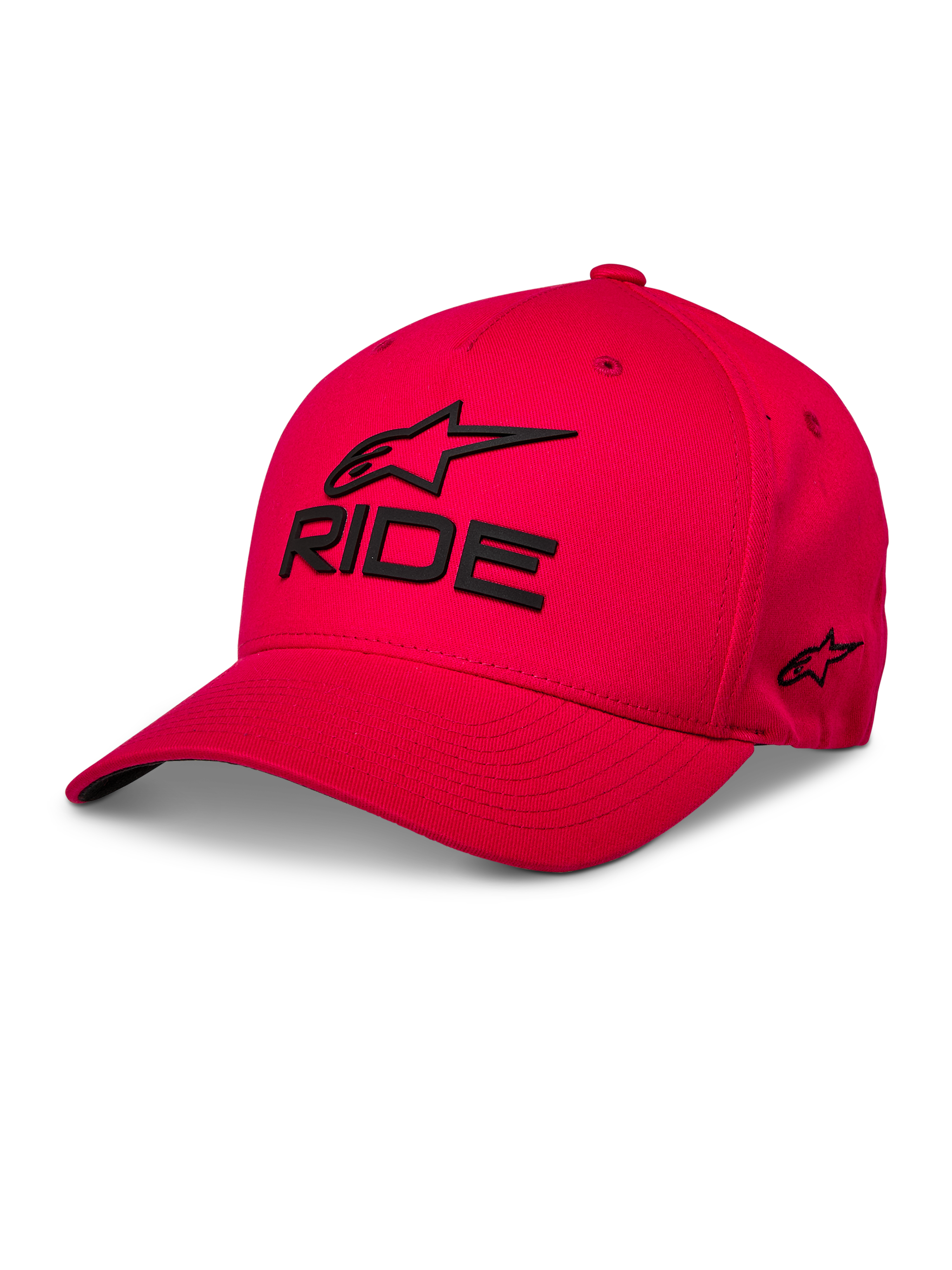 Alpinestars Ride Sonic Hat, röd basebollkeps, svart 3D-broderad 'RIDE'-text och Alpinestars-logotyp, böjd skärm, strukturerad krona, casual motorsport-streetwear