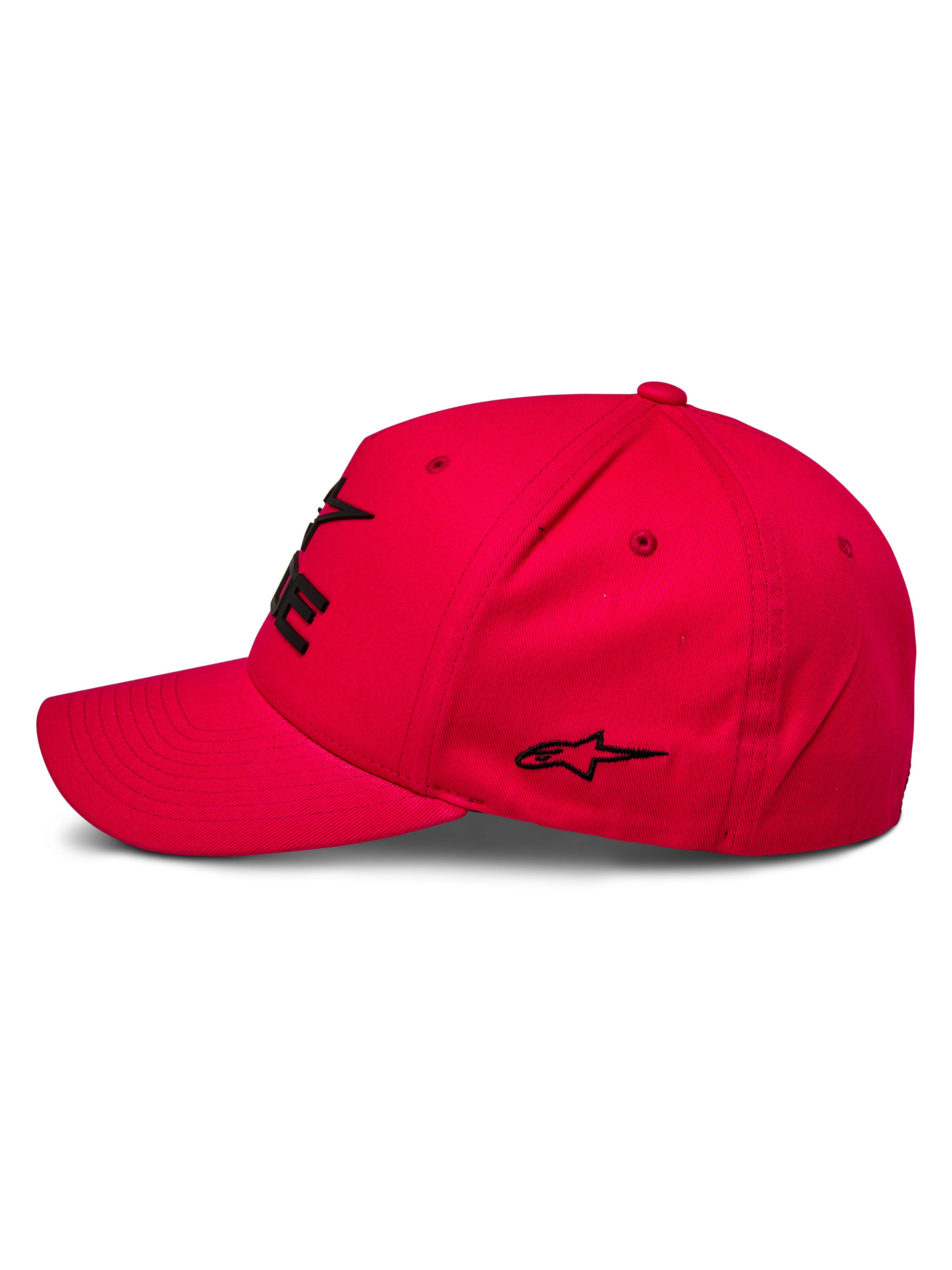 Alpinestars Ride Sonic Hat, sportswear-keps, röd, profilvy med böjd skärm och strukturerad krona, svart 3D-broderad logotyp och stjärndetalj, avslappnad motorsport-inspirerad design