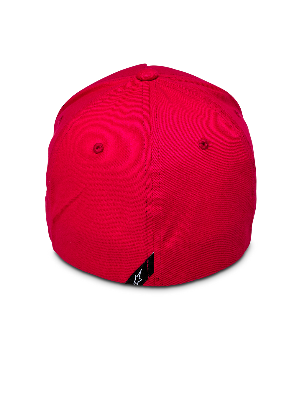 Alpinestars Ride Sonic keps, baksida av röd baseballkeps, strukturerad krona med flexibelt bakstycke, liten svart etikett med vit Alpinestars stjärnlogotyp på baksidan, vardaglig röd keps i stretch-twill