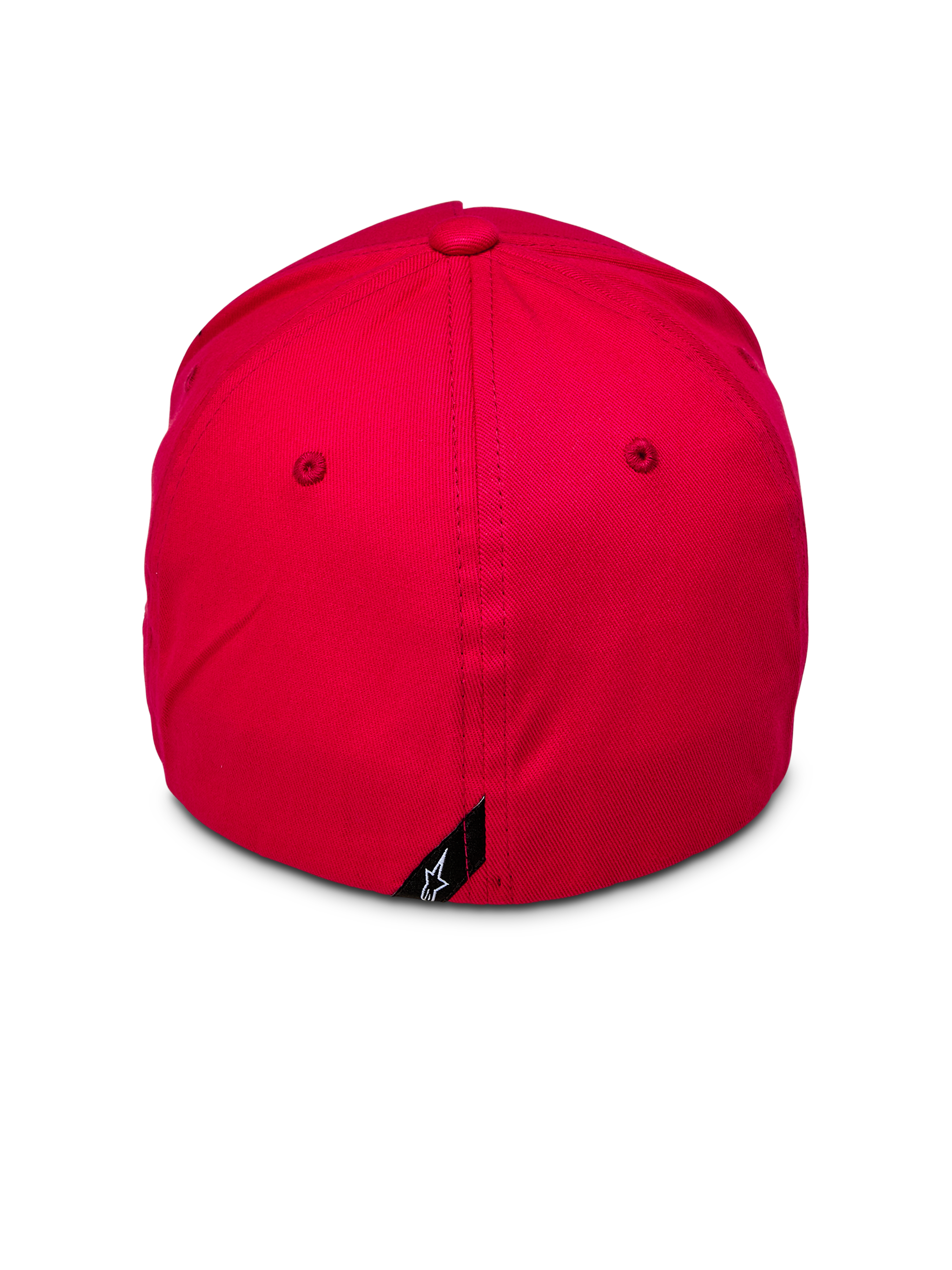 Alpinestars Ride Sonic keps, baksida av röd baseballkeps, strukturerad krona med flexibelt bakstycke, liten svart etikett med vit Alpinestars stjärnlogotyp på baksidan, vardaglig röd keps i stretch-twill