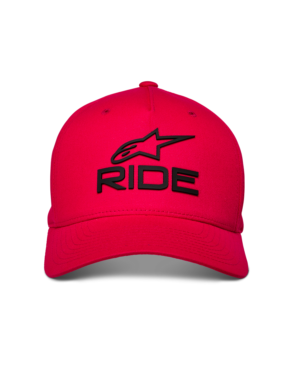 Alpinestars Ride Sonic Hat, röd baseballkeps, svart 3D-broderad RIDE- och stjärnlogotyp, böjd skärm med strukturerad krona, vardaglig motorsport-huvudbonad