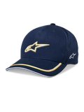 Alpinestars Ascension Snapback-keps, baseballkeps, mörkblå och guld, 3D-broderad Astars-logotyp, böjd skärm med gula och vita ränder, casual motorsport-huvudbonad