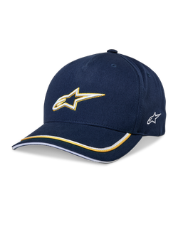 Alpinestars Ascension Snapback-keps, baseballkeps, mörkblå och guld, 3D-broderad Astars-logotyp, böjd skärm med gula och vita ränder, casual motorsport-huvudbonad