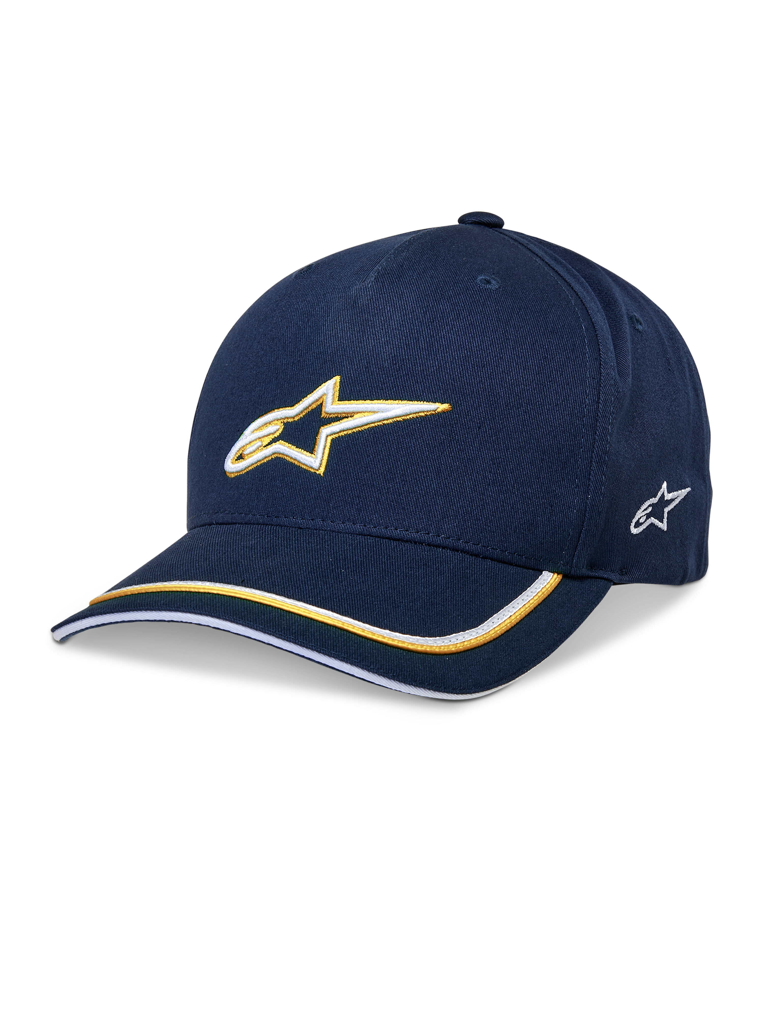 Alpinestars Ascension Snapback-keps, baseballkeps, mörkblå och guld, 3D-broderad Astars-logotyp, böjd skärm med gula och vita ränder, casual motorsport-huvudbonad