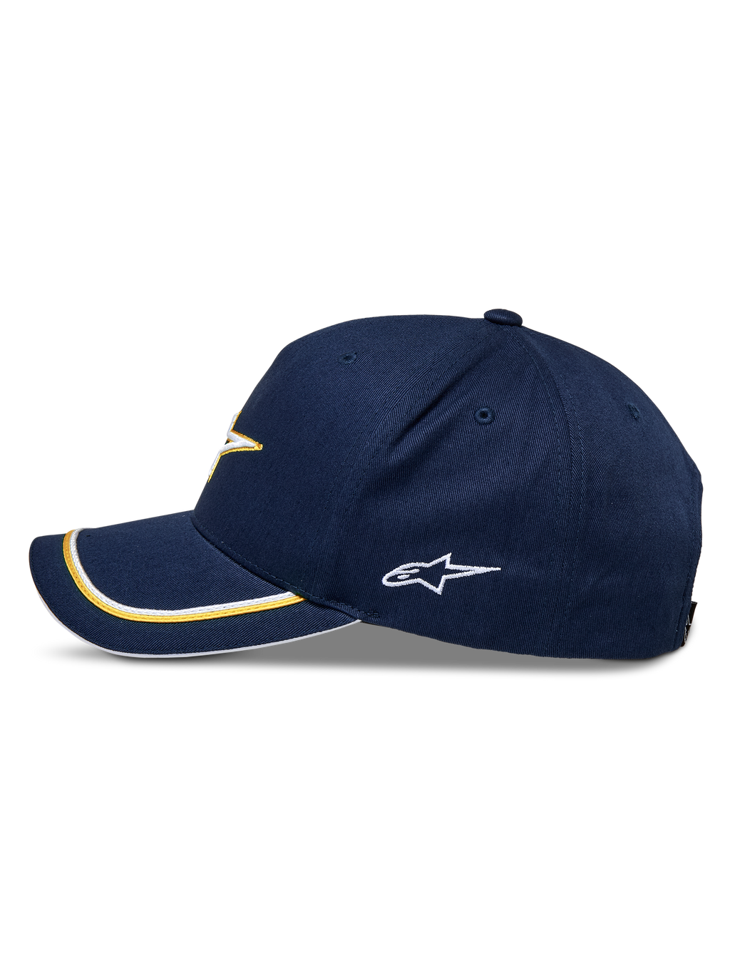 Alpinestars Ascension Snapback keps, marinblå och guld, sidoprofil med en böjd skärm med dubbel soutache-kant i guld och vitt, broderad sidologotyp, avslappnad motorsport-streetwear